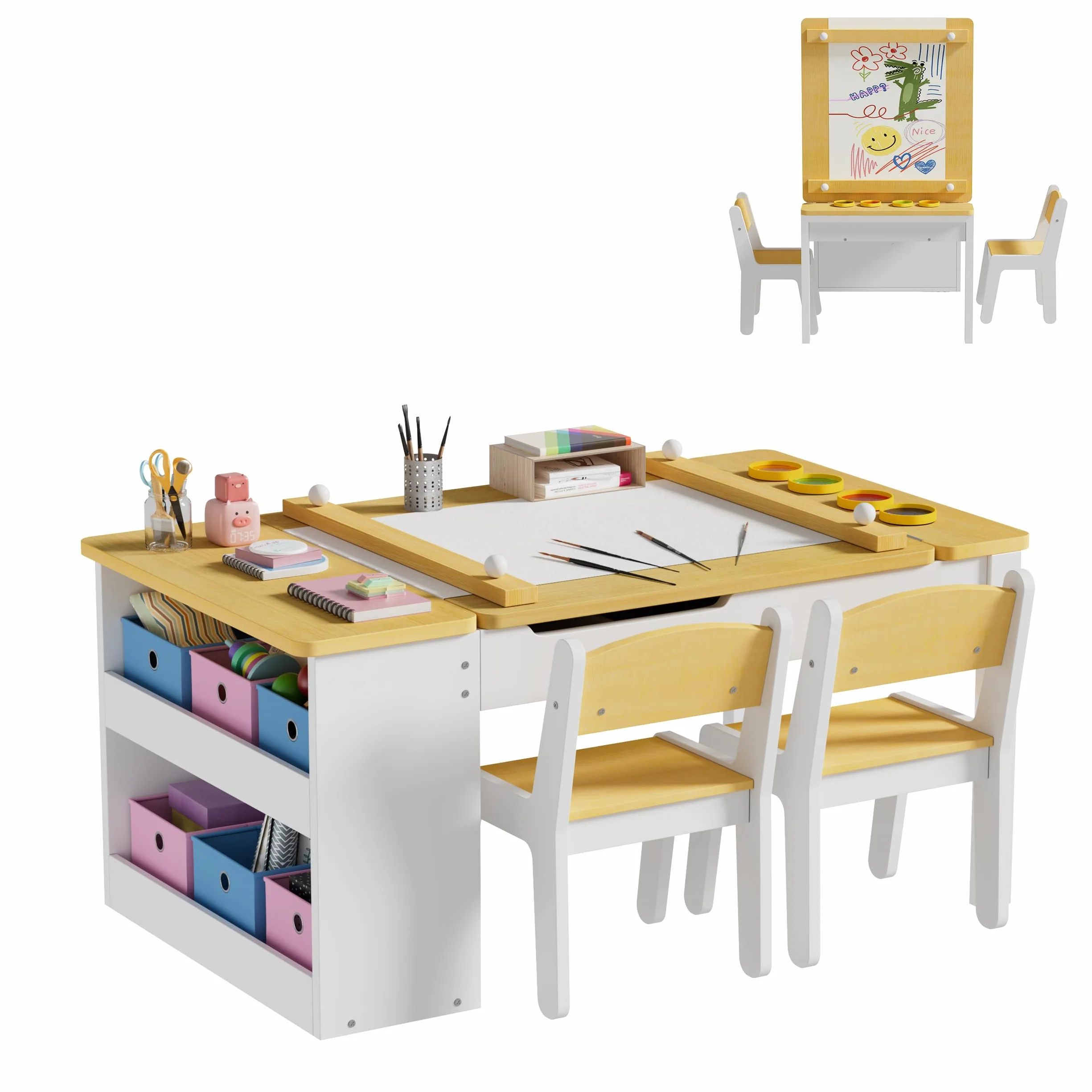 MSFE Mesa Infantil Madera con Sillas,Escritorio de Caballete de Madera para Niños Pequeños con 6 Cajas de Almacenamiento con 2 Sillas de Maderas, Mesa de Juego para Niños,104 * 60 * 53CM