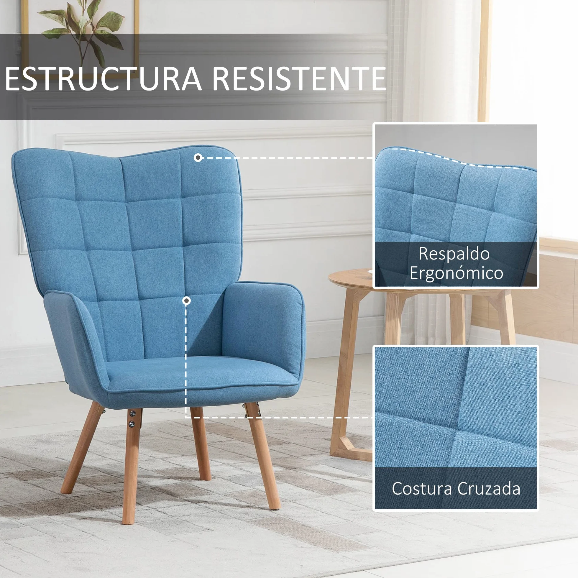 HOMCOM Sillón de Salón Moderno Butaca con Respaldo Alto 71x76x101 cm Azul | Butaca de Dormitorio, Reposabrazos, Tela de Lino, Patas de Madera, para Sala de Estar