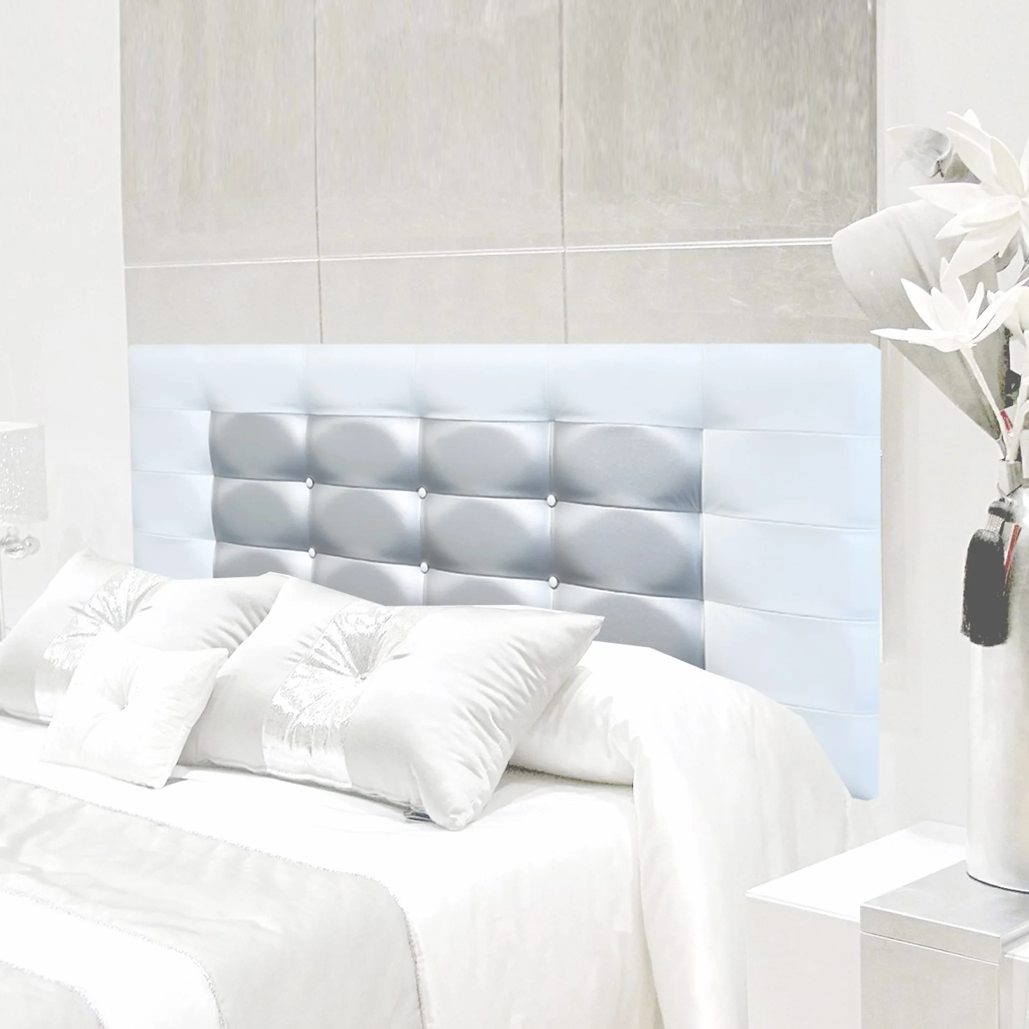 Cabecero de Cama Blanco Plata 70 cm.de Alto-Mod. FLORIDA con Forma de Marco y Botones-Cabecero Tapizado en Polipiel para Niños, Juvenil, Matrimonio-Cabezal de Colgar. (150x70, Blanco-Plata)