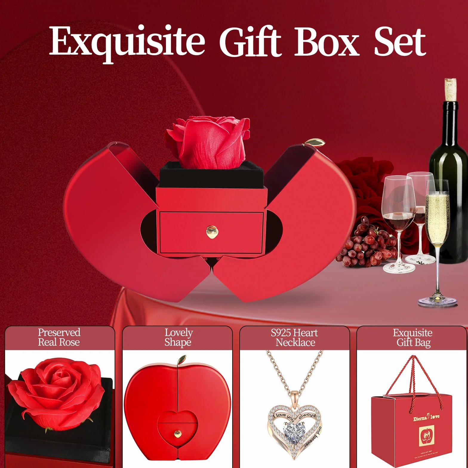 Collar de rosa eterna con corazón regalo para mujer madre