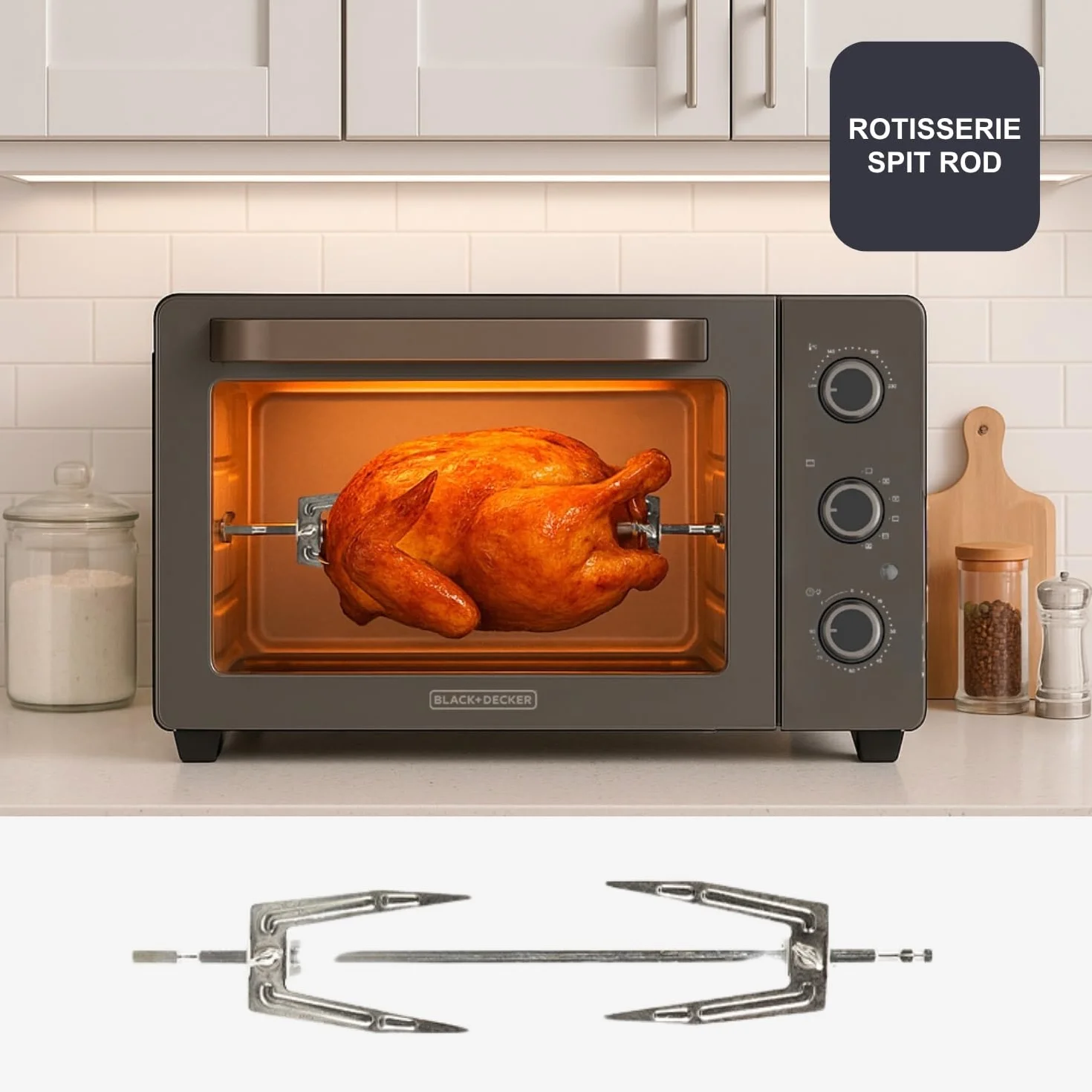 Black+Decker – Horno de sobremesa eléctrico BXOV3000E | 1500W | 30L | Grill | Superior | Convección | Timer 90 min | STAY ON | Doble cristal | Luz interior | Bandeja recogemigas | Rustidor