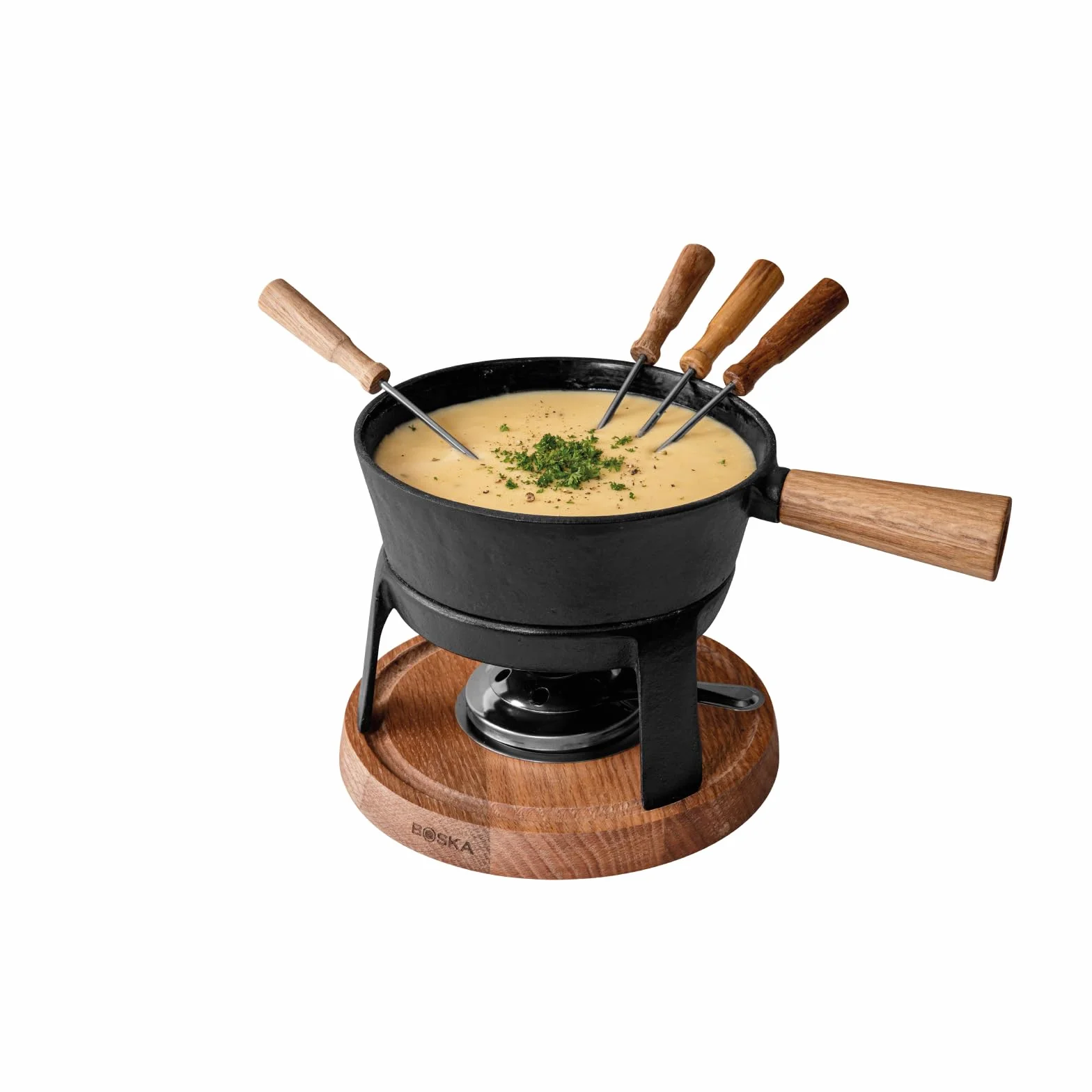 BOSKA Juego de fondue Pro L - Juego de fondue de alta calidad - Juegos de fondue de queso - Olla de fondue de hierro fundido - Adecuado para cualquier estufa - Incluye 6 tenedores de fondue de madera