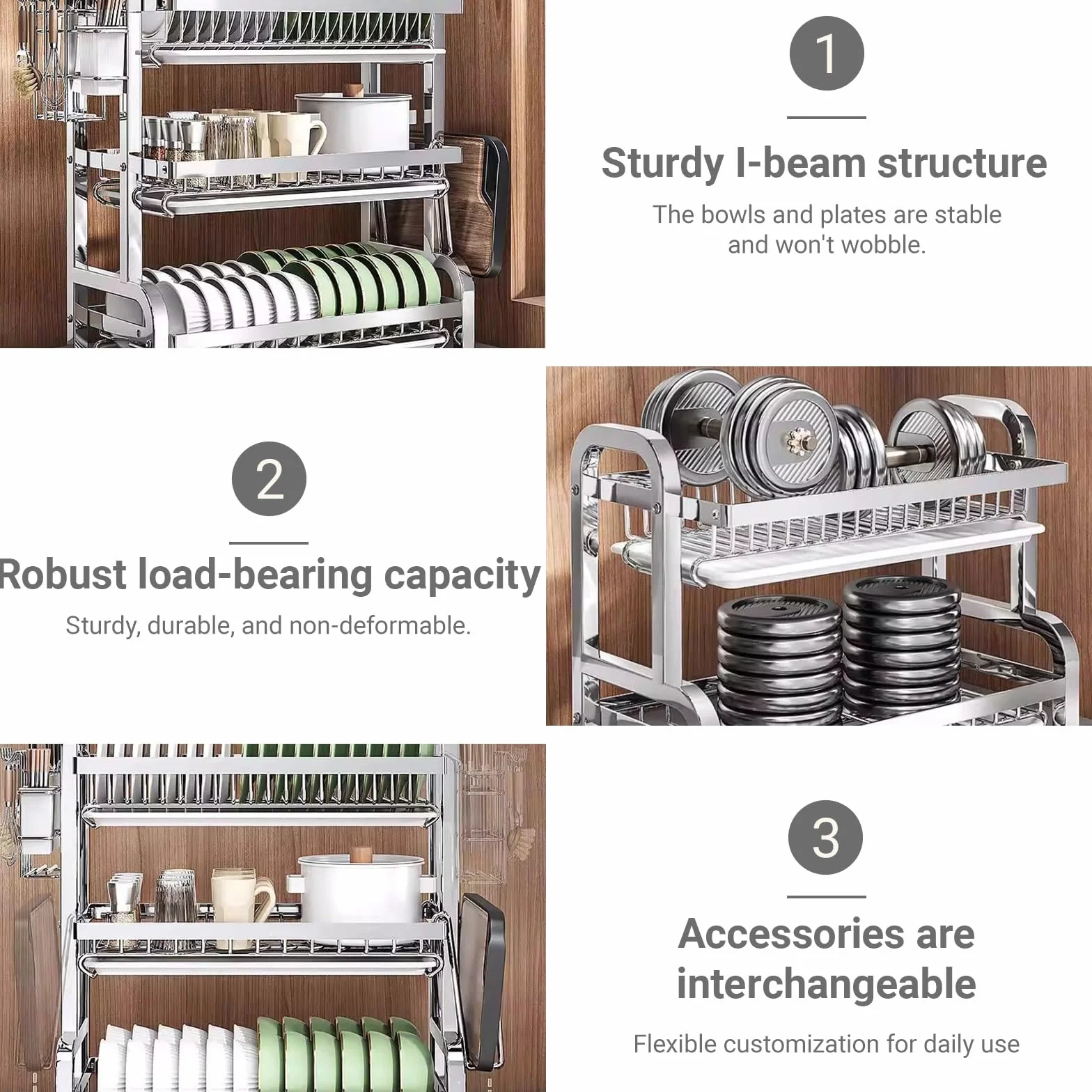 Escurreplatos de 3 Niveles en Acero Inoxidable 304 - Grande Escurridor de Platos para Encimera con Bandeja Raccogligocce - con Porta Cubiertos y Soporte para Tabla de Cortar(43 * 24 * 60cm)