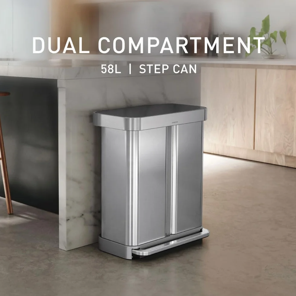 simplehuman CW2209 cubo doble compartimento con pedal y almacén de bolsas de basura, acero inoxidable cepillado con tapa de plástico gris, 58 L (34/24)