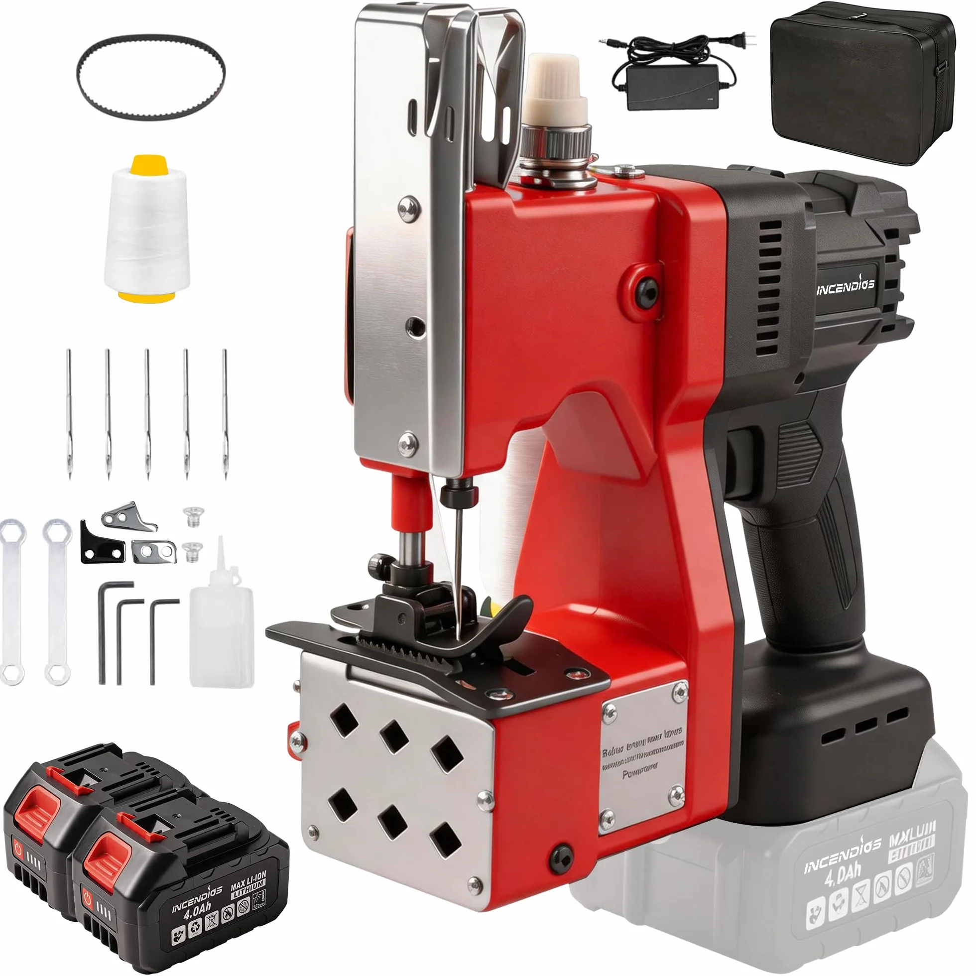 Máquina de Coser Sacos Eléctrica Inalámbrica, Cosedora de Sacos Portátil con Motor Brushless de 280W y 2 Baterías 4.0Ah, Máquina de Cierre para Sacos de 0,2-10 mm para Sacos PP, Papel Kraft y Cuero