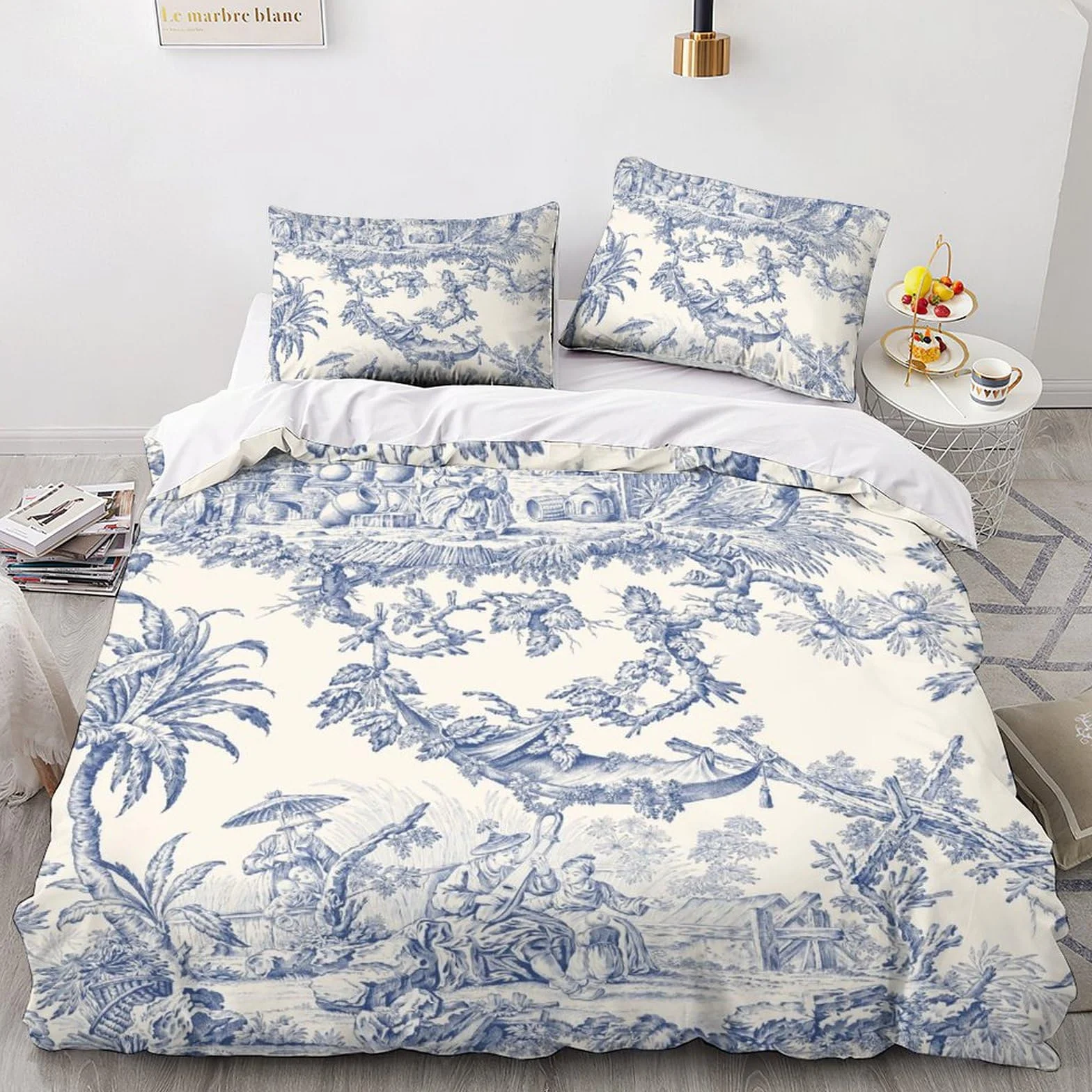 Motivo de Toile De Jouy Juego De Funda Nórdica con Estampado 3D Juegos De Cama con Cierre De Cremallera Oculta, Funda De Edredón De Poliéster De Microfibra 3 Piezas King（220x240cm）