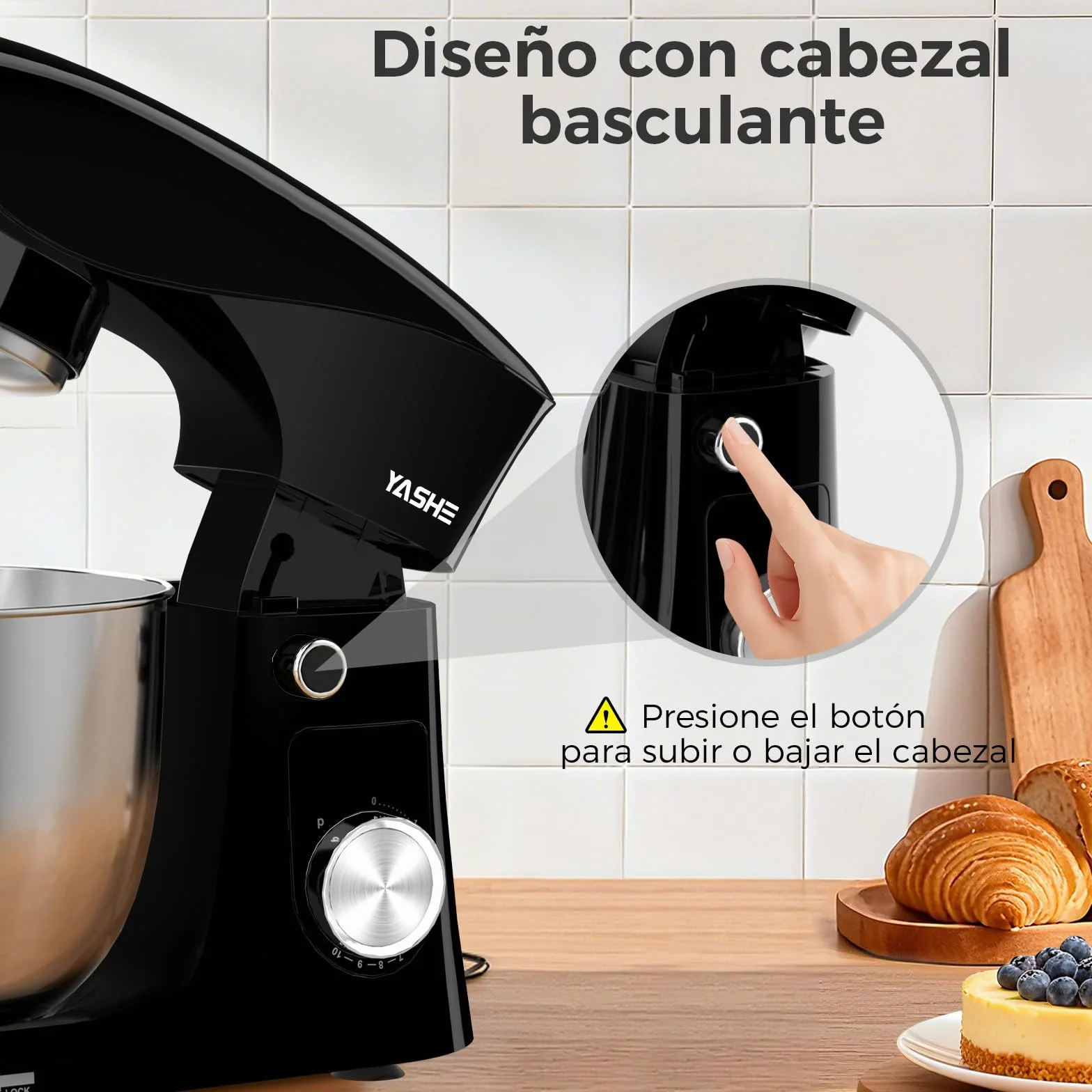 YASHE Batidora Amasadora 1500W, 4,5 + 5L Doble Bol de Acero Inoxidable, 10+P Velocidades, Movimiento Planetario, Cabezal Inclinable, Gancho para Masa, Batidor y Varillas