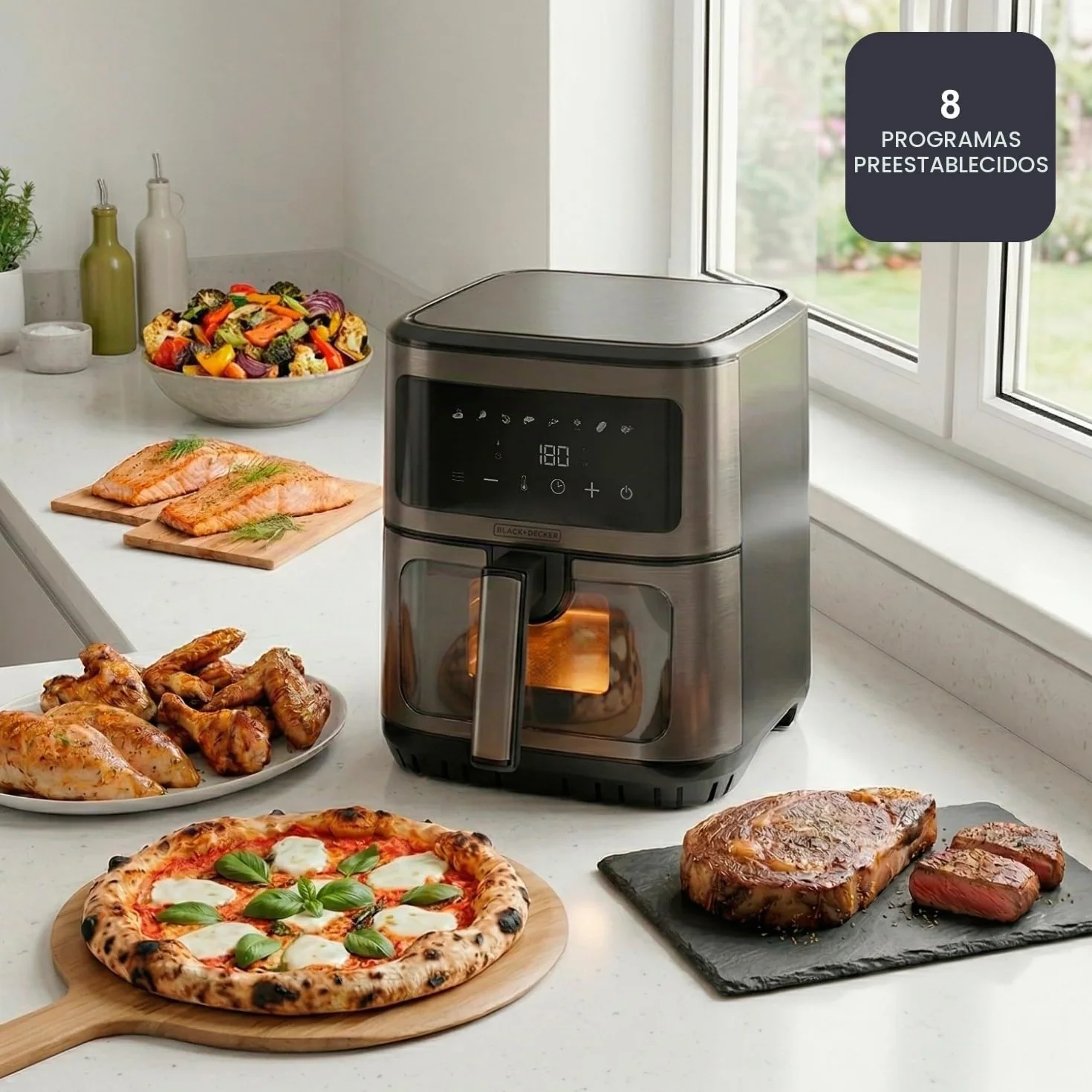 BLACK+DECKER - Freidora de Aire 6,5L, 1600W, 8 Programas, Pantalla Táctil