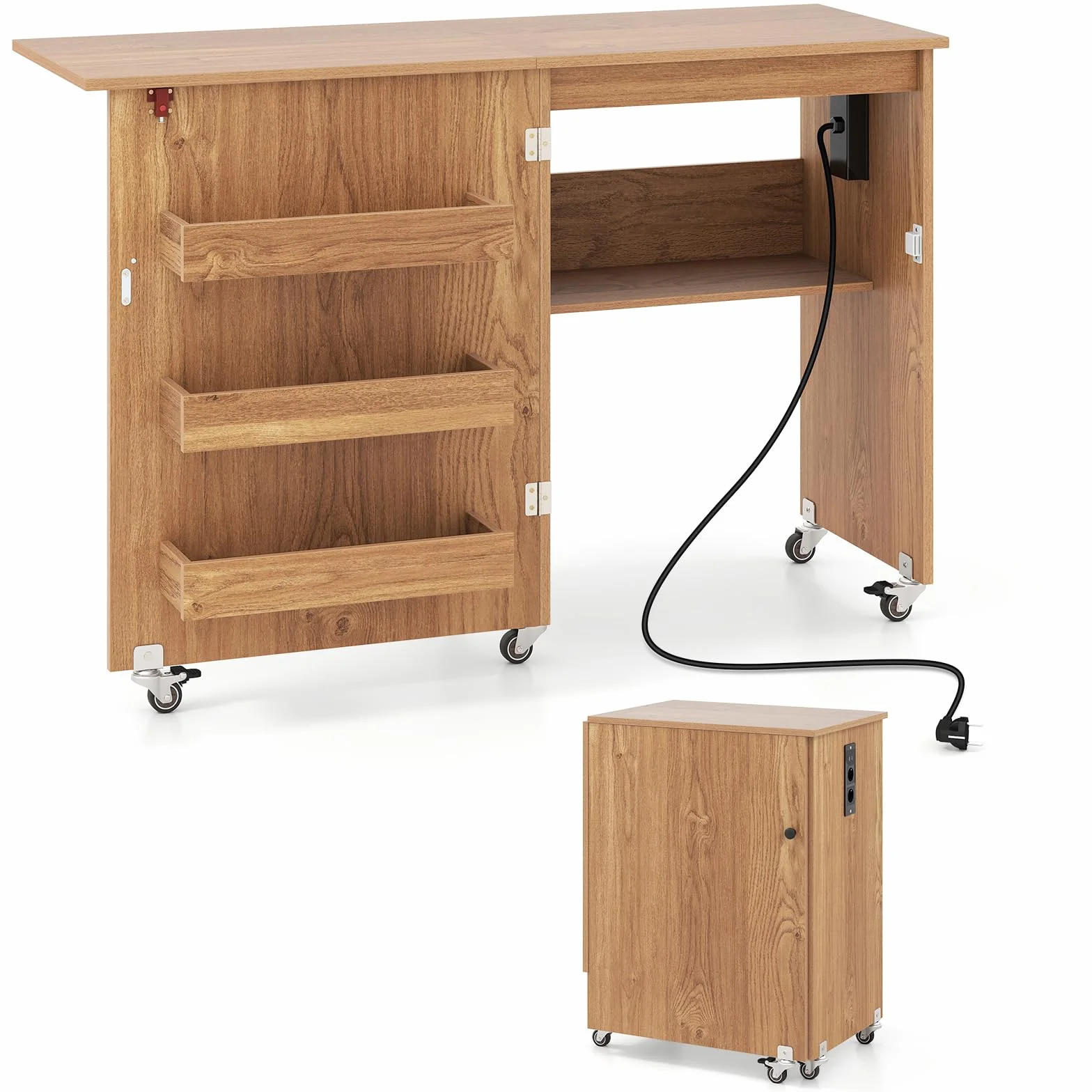 RELAX4LIFE Mesa de Costura Plegable con 3 Compartimentos, Estante, Estación de Carga Integrada, Mesa para Máquina de Coser con Ruedas, 116x40,5x78cm (Natural-con Enchufe)