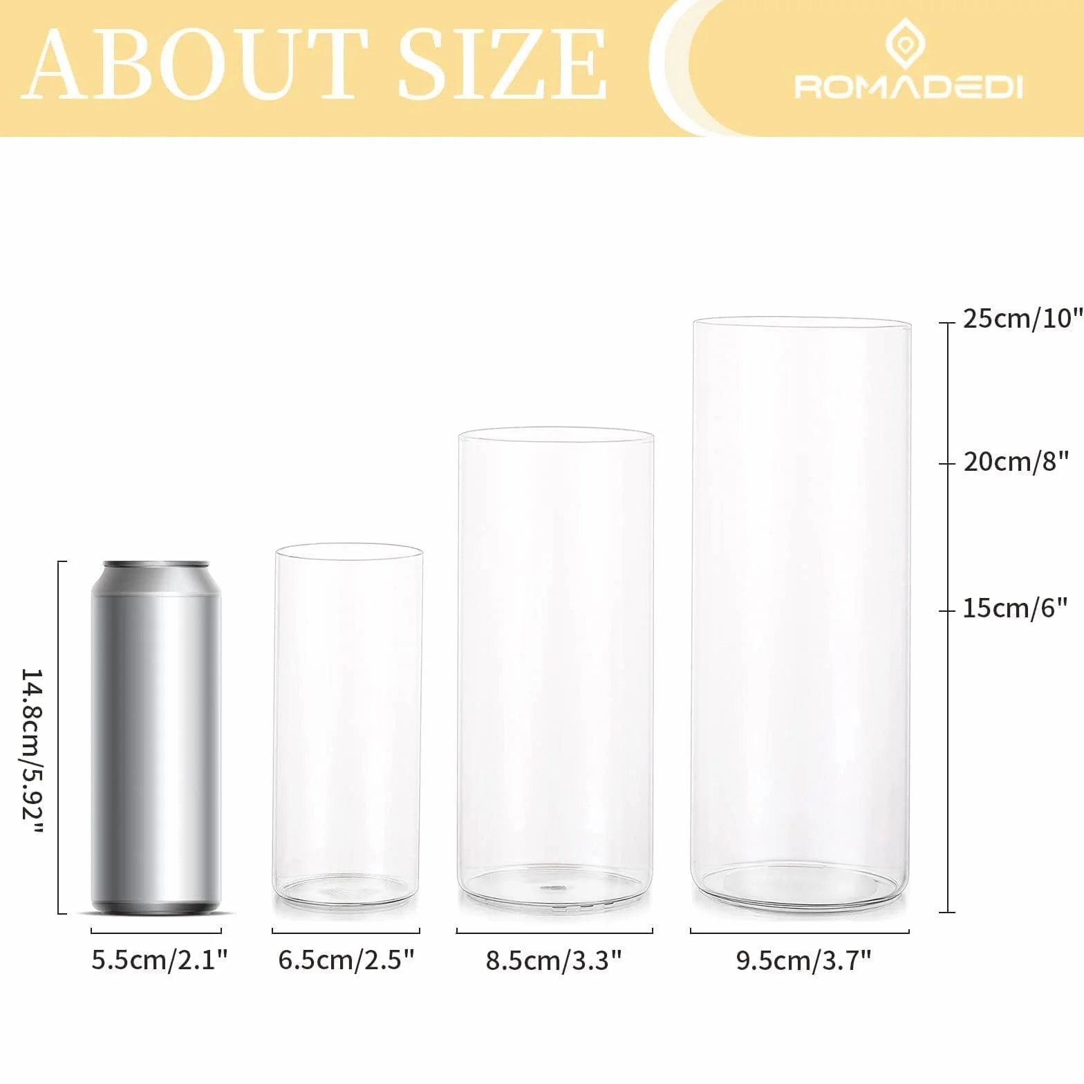 Romadedi Portavelas de cristal para boda, juego de 12 unidades, cilindro transparente, 15/20/25 cm | Vasos para velas flotantes, decoración de mesa, mesa de comedor, fiesta, sala de estar, exterior