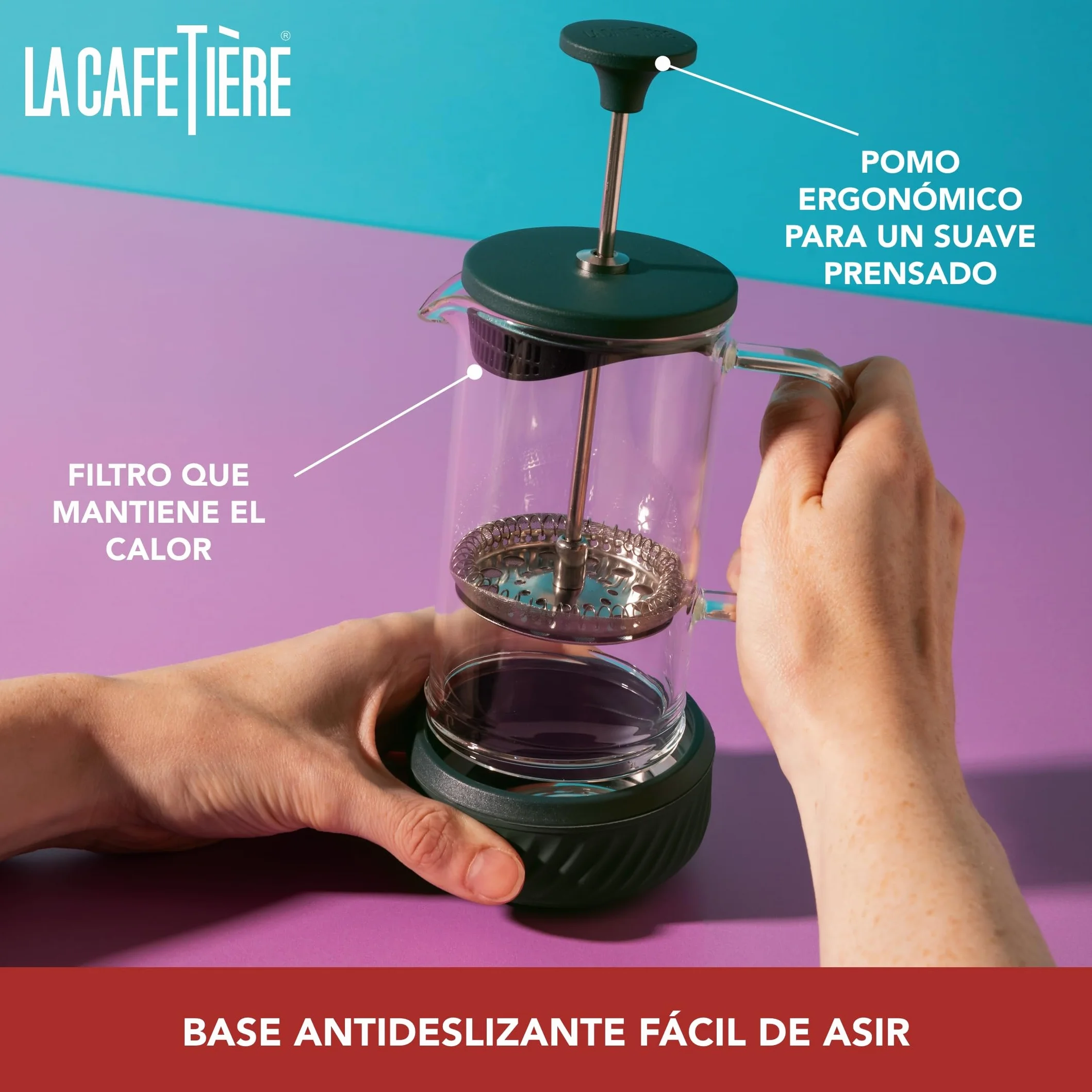 La Cafetière - Cafetera Zero con capacidad para 8 tazas y juego de tazas, prensa francesa resistente al calor, mango de vidrio y base de silicona extraíble, fácil de limpiar, color verde
