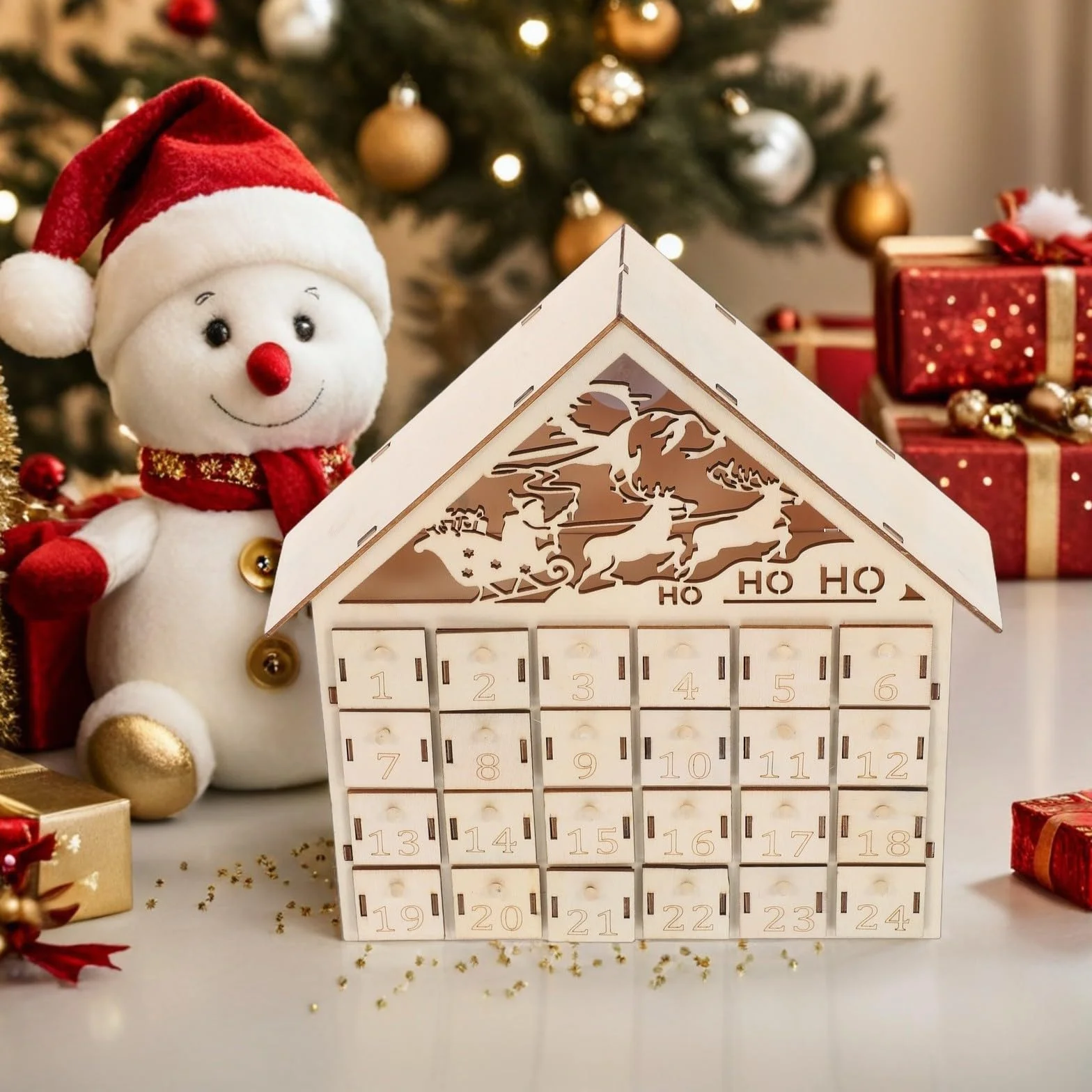 NUOBESTY Calendario de Adviento de Madera 24 Cajones y Luces Led, Adorno Navideño Reutilizable para Reuniones Festivas y Hogar Diseño Rústico Encantador