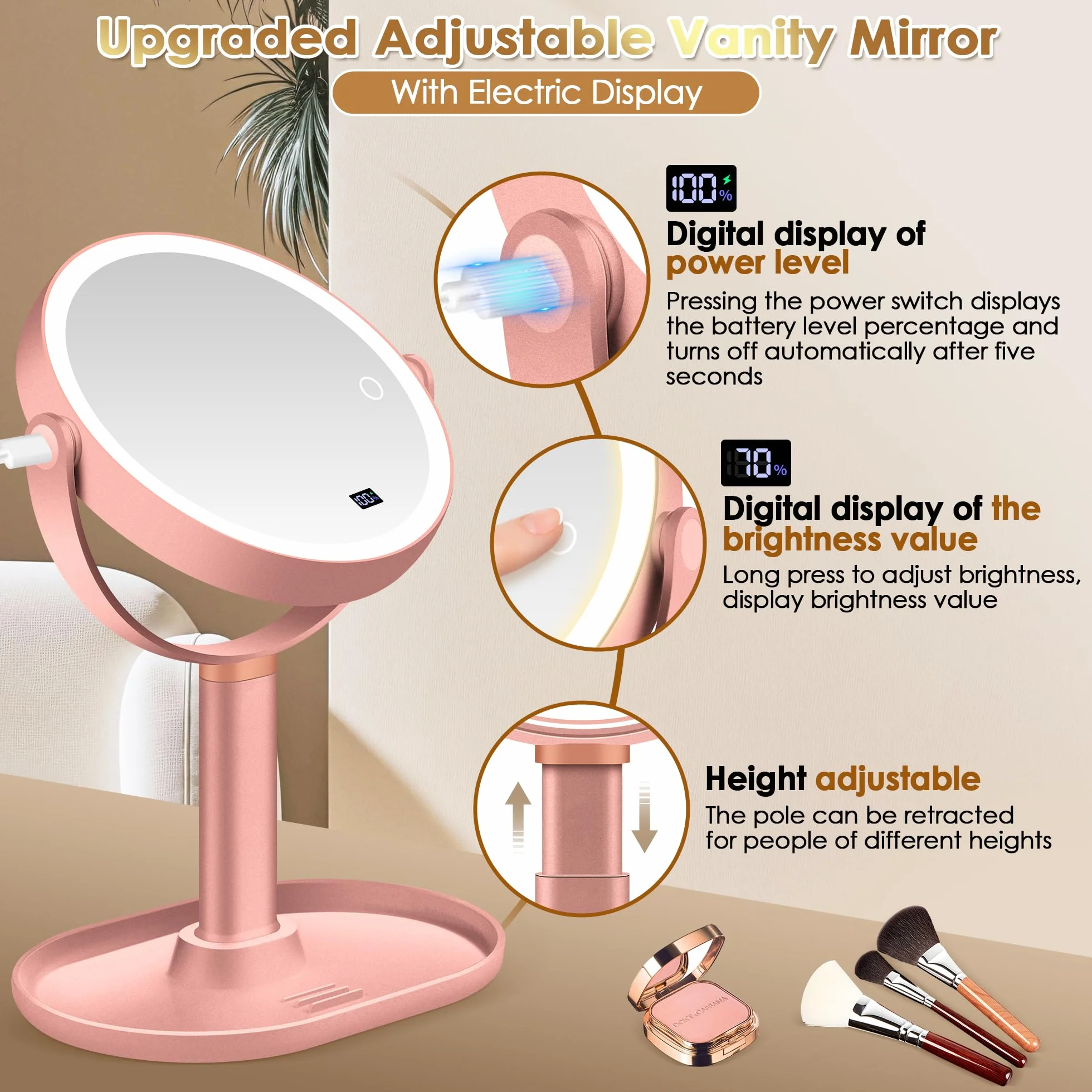 MIYADIVA Espejo de maquillaje con luces, espejo de aumento 30X/1X con pantalla digital, espejos de mesa de altura ajustable, desmontable para viajes, espejos de tocador con soportes para teléfono, oro
