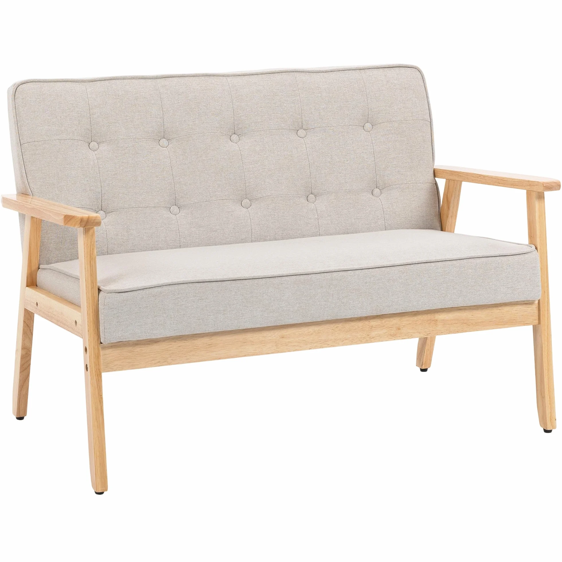 HOMCOM Sofá de 2 Plazas, Tapizado en Lino Sintético, Sofá Nórdico con Patas y Reposabrazos de Madera de Caucho, Respaldo Acolchado, para Salón, Dormitorio, Oficina, Sala de Estar, 113x67x78 cm, Beige