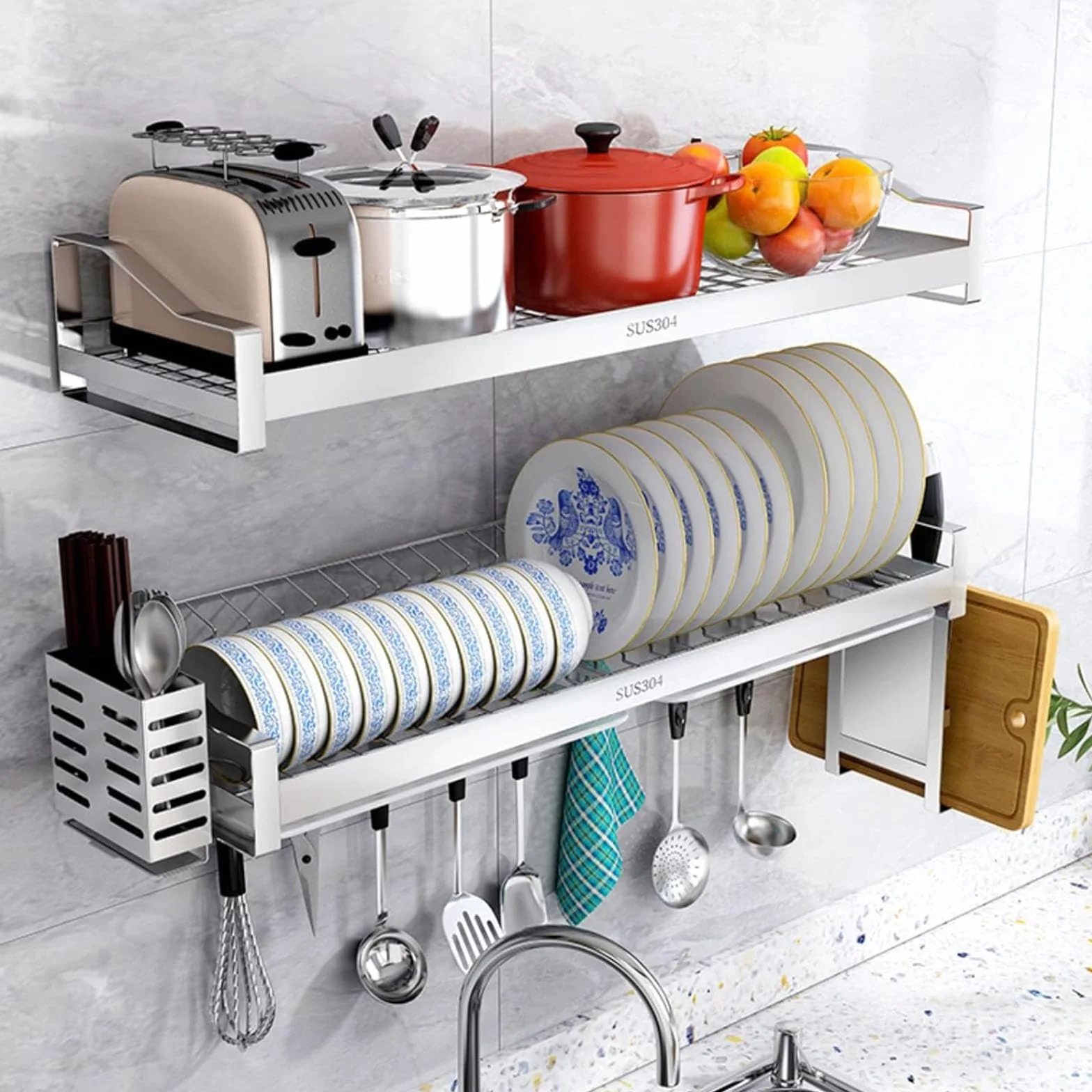 Escurreplatos Colgante, Escurreplatos De 2 Niveles sobre Fregadero Escurridor De Platos De Acero Inoxidable Montado En La Pared con Escurridor Y Jaula para Palillos Colgantes,60CM