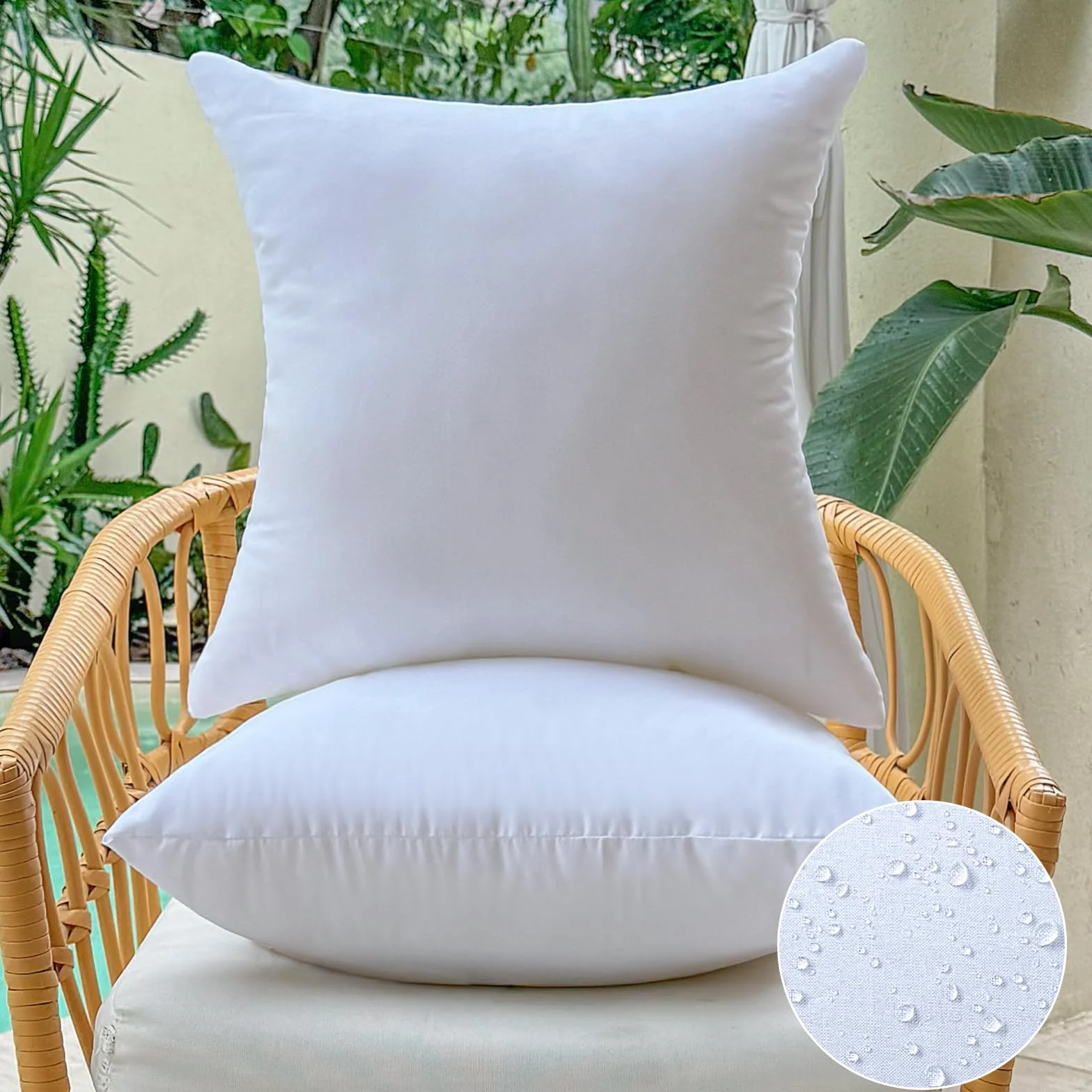 Juego de 2 cojines cuadrados de 45 x 45 pulgadas para exteriores, impermeables, para sofá, porche, exterior, muebles de patio, cojines decorativos, tamaño mediano, blanco, relleno de cojín