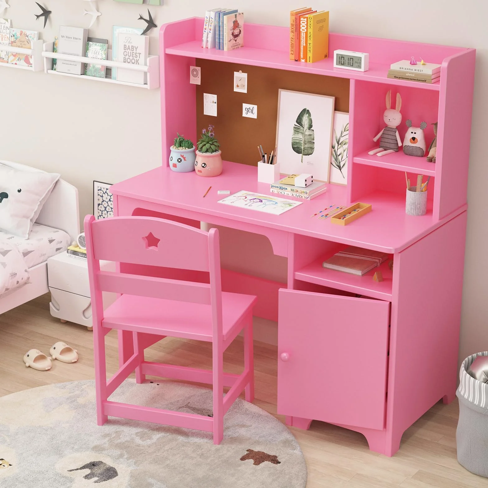 Escritorio Infantil de Madera con Silla y Estanterías, Mesa de Aprendizaje Multifuncional