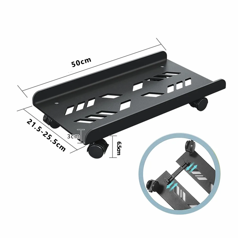 Soporte CPU, Soporte Torre Ordenador con Clips Organizador de Cables Autoadhesivo, Soporte para PC Ajustable Móvil con 4 Ruedas, Negro