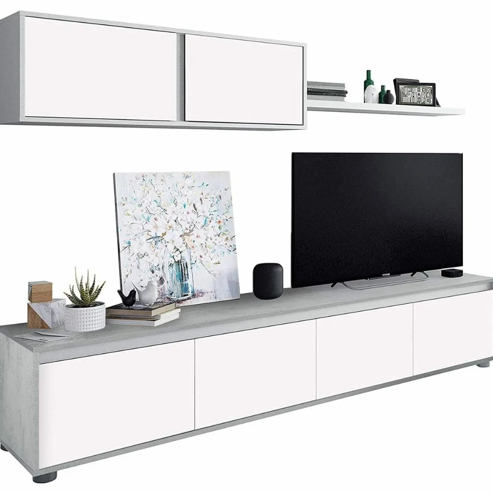 Mobelcenter, Conjunto Salón Cemento, Incluye Mueble y Mesa de Salón, Mesa de Centro y 4 Sillas, Acabado Color Blanco Artik y Cemento (P0018)