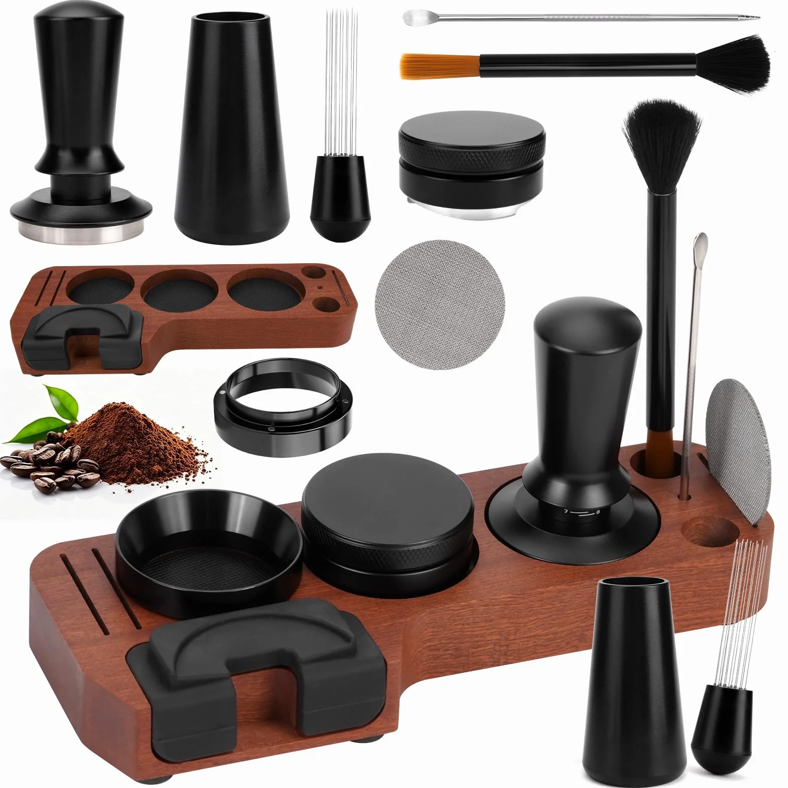 Juego de accesorios para café expreso de 51 mm, 8 piezas, con estación de madera para tamper, herramienta WDT, anillo de dosificación, distribuidor, pantalla de disco, cepillo y lápiz de tipo