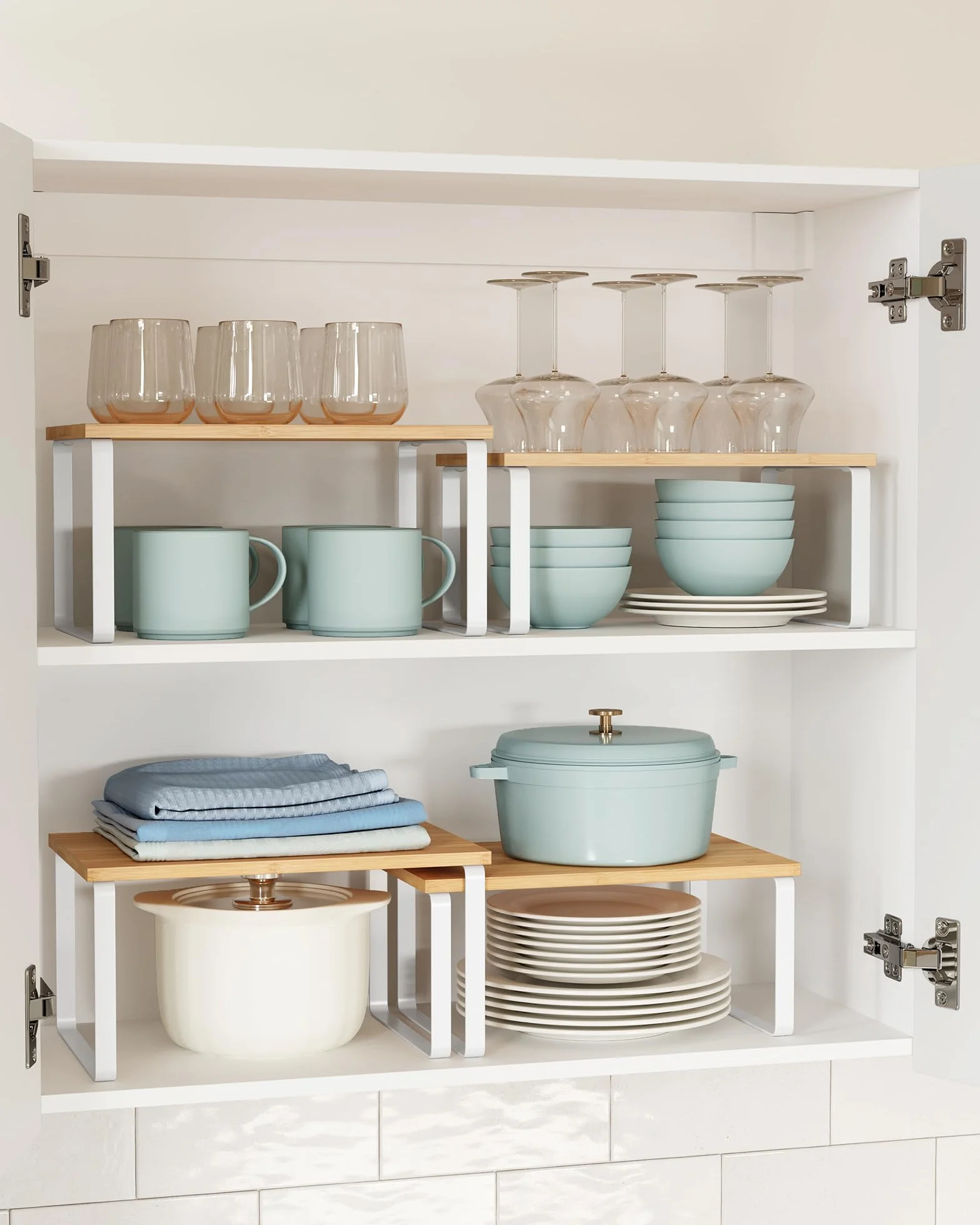 SONGMICS Organizadores de Cocina Juego de 4 Estantes Apilables Expandibles Metal y Madera Blanco Natural
