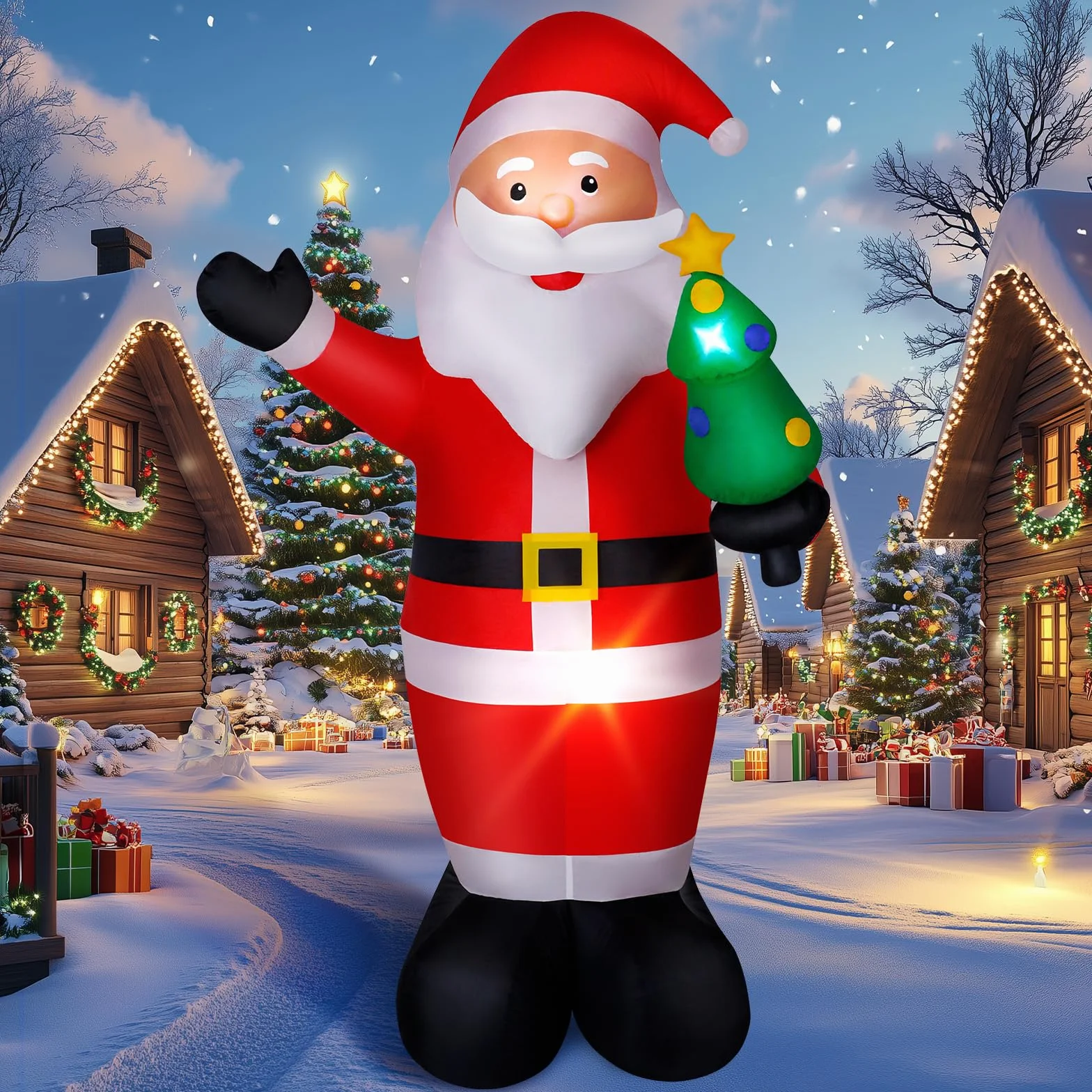 Papá Noel Inflable, 244cm Santa Claus Hinchable con Luces LED, Inflador Eléctrico Decoración Navideña para Interiores Exteriores, IP44 Impermeable -1000mAh/12W