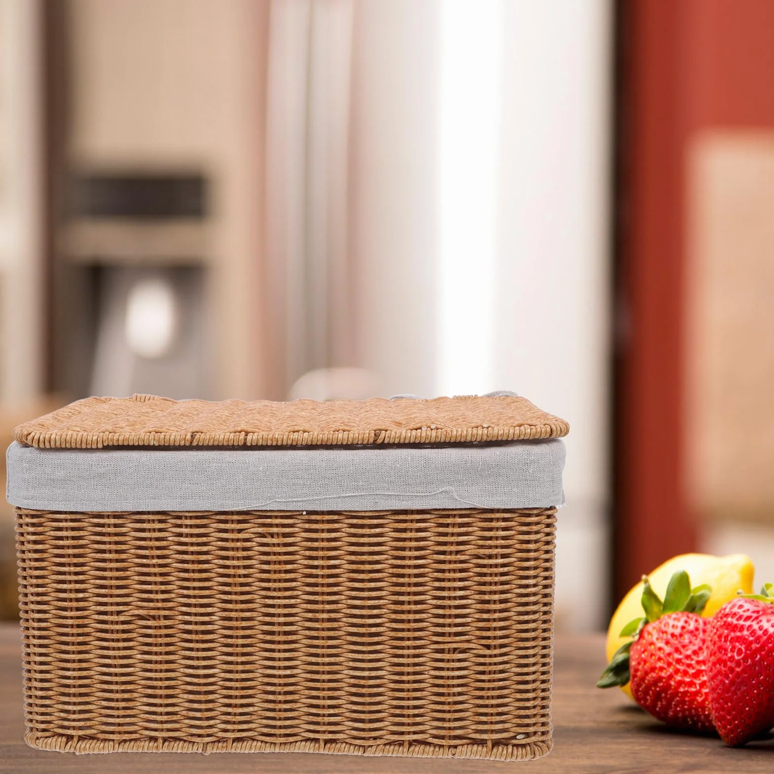 Cesta Grande de Mimbre con Tapa y Forro, Cesta de Almacenamiento Rectangular con Asas Dobles para Ropa, Libros y Organización en Hogar, Cocina y Baño (36x26x21 Cm)