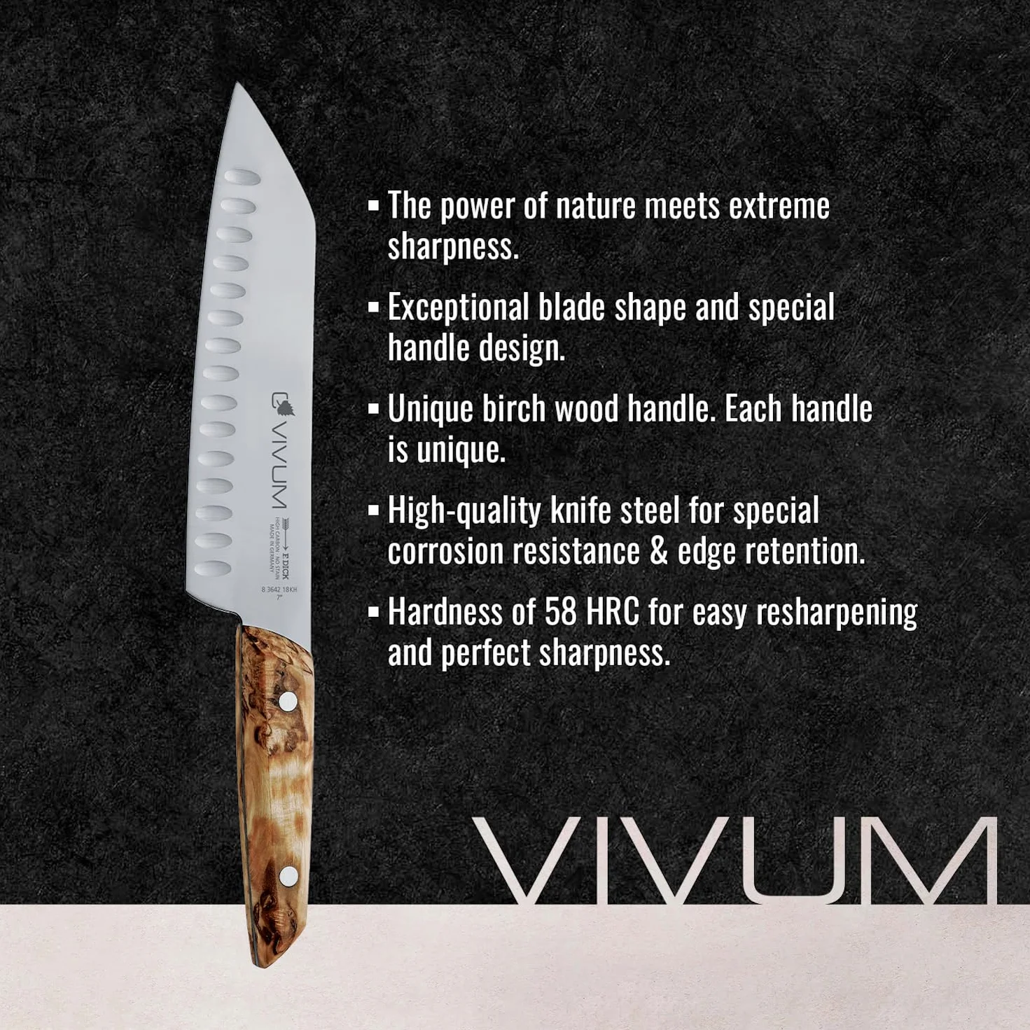 F.DICK Santoku VIVUM (con hoja de 18 cm, con filo biselado y mango de madera de abedul, 58 HRC, hoja delgada, cuchillo de cocina) 83642182KH