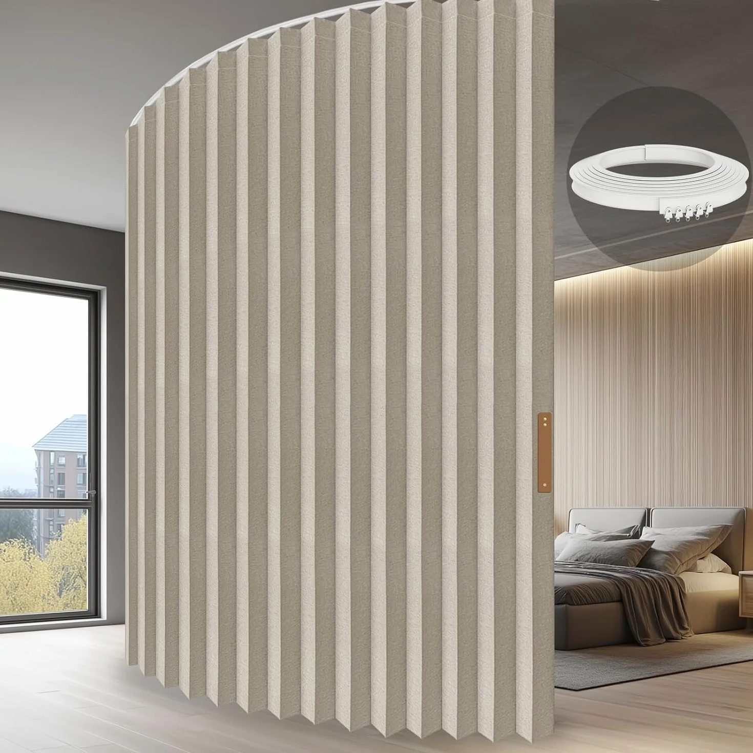 JILRON Cortina para separación de habitaciones con montaje en techo, 100 % protección contra la luz, aspecto de acordeón, para dormitorio, salón, esquina (blanco crema-alto 243 x ancho 457 cm), 1
