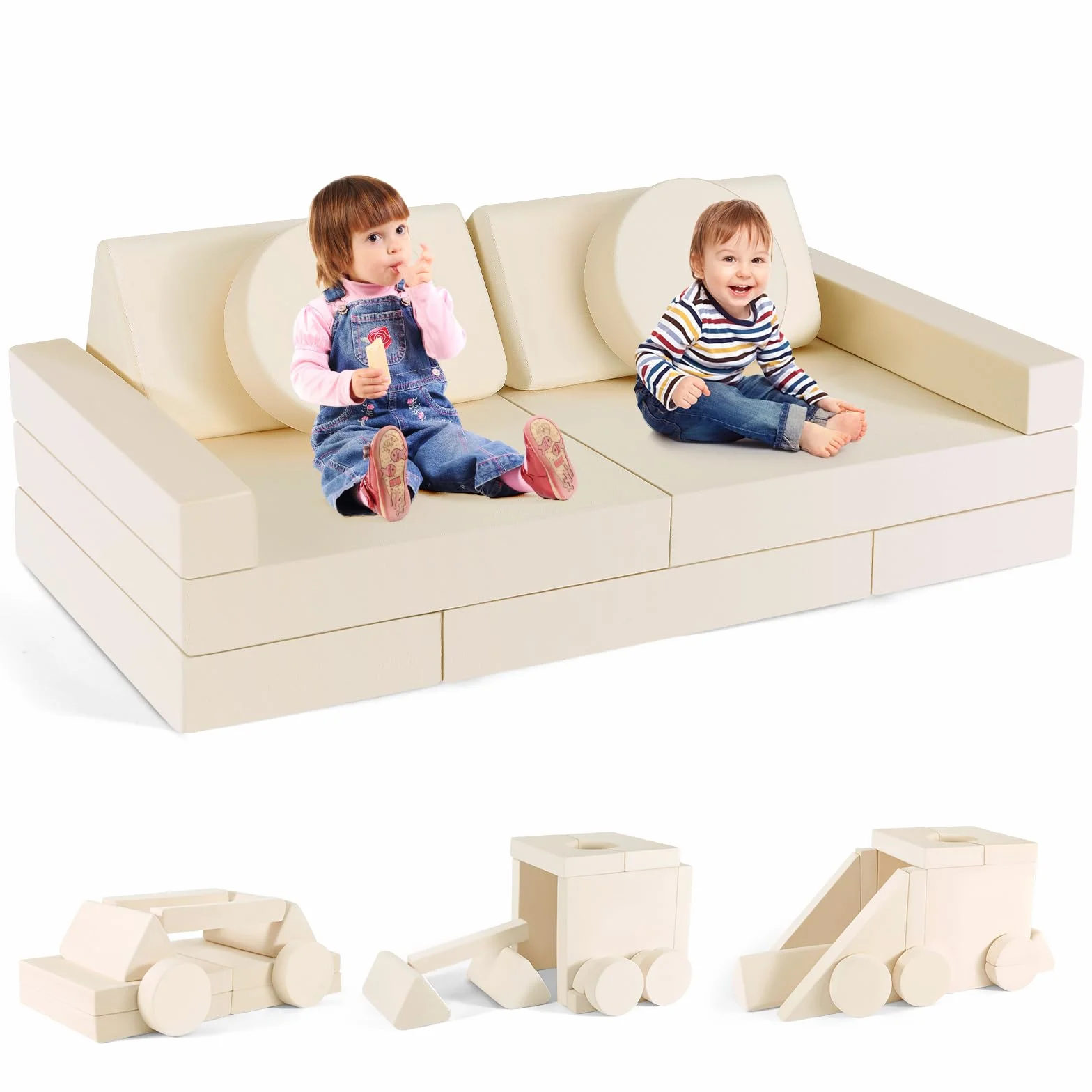 Sofá para niños CUPCHID, sofá modular de juego, sofá para niños, muebles para dormitorio y sala de juegos para niños pequeños, espuma convertible (Set de 14 - Beige)