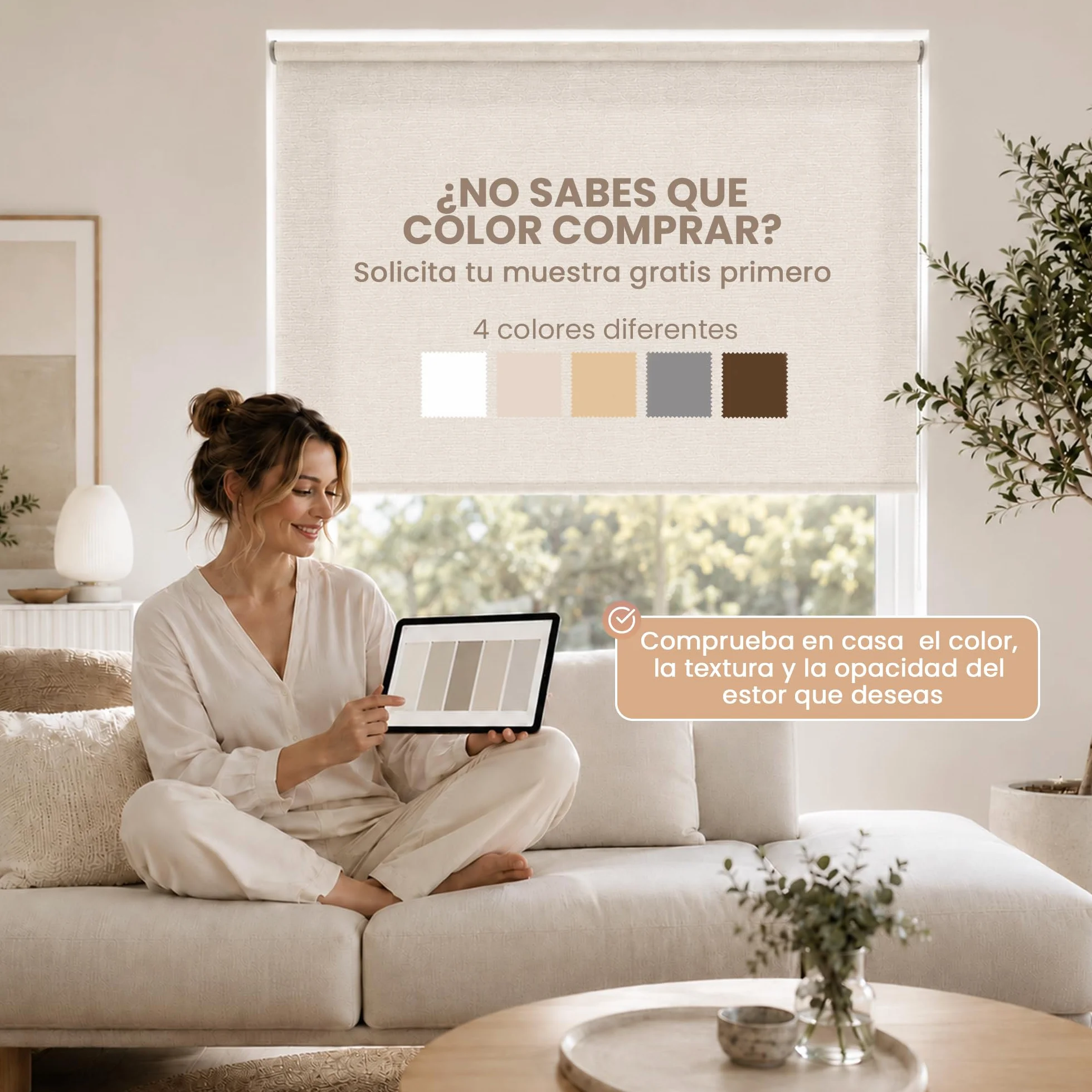 Estor Enrollable Translúcido Arena a Medida 120x180 cm – Luz Natural con Privacidad Día y Noche – Persiana para Ventanas, Puertas, Balconeras, Cocina u Oficina – Instalación en Pared, Techo o Lateral