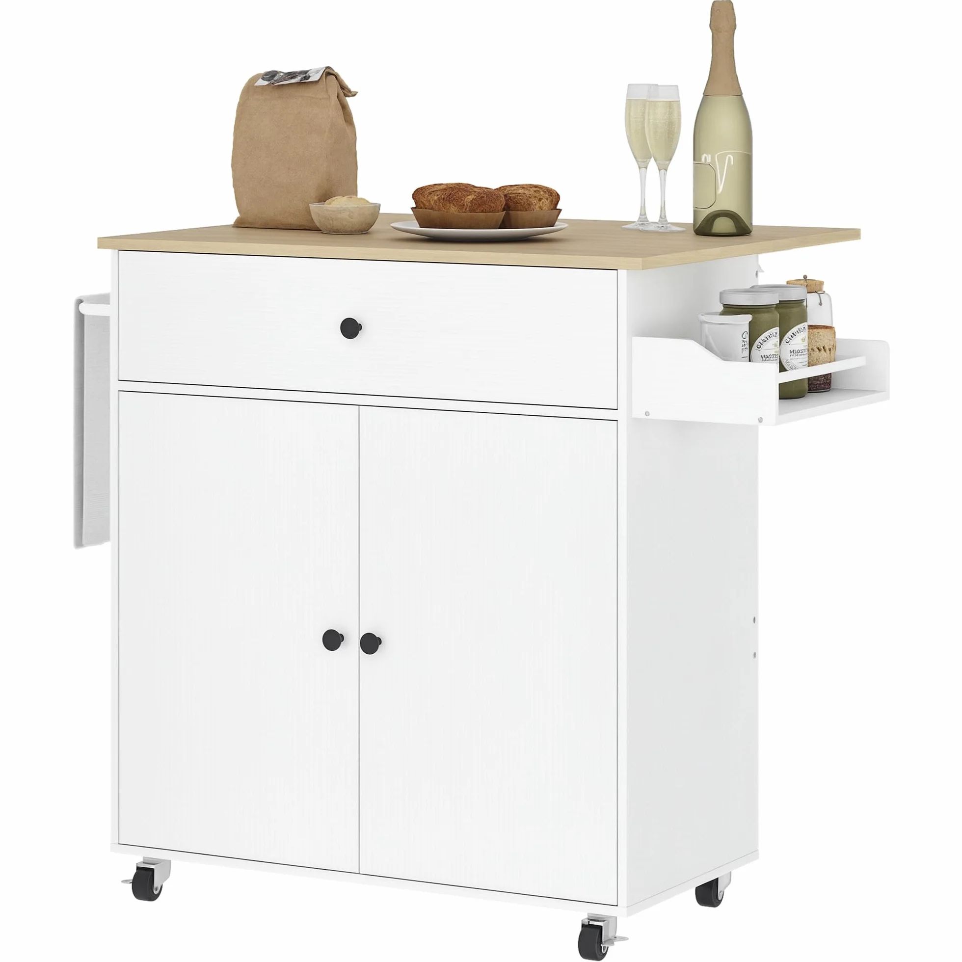 HOMCOM Isla de Cocina con ala Abatible Carrito de Cocina Mueble Auxiliar de Cocina con Ruedas 2 Puertas Cajón Especiero Toallero y Estante Ajustable 106x42x87 cm Blanco y Roble