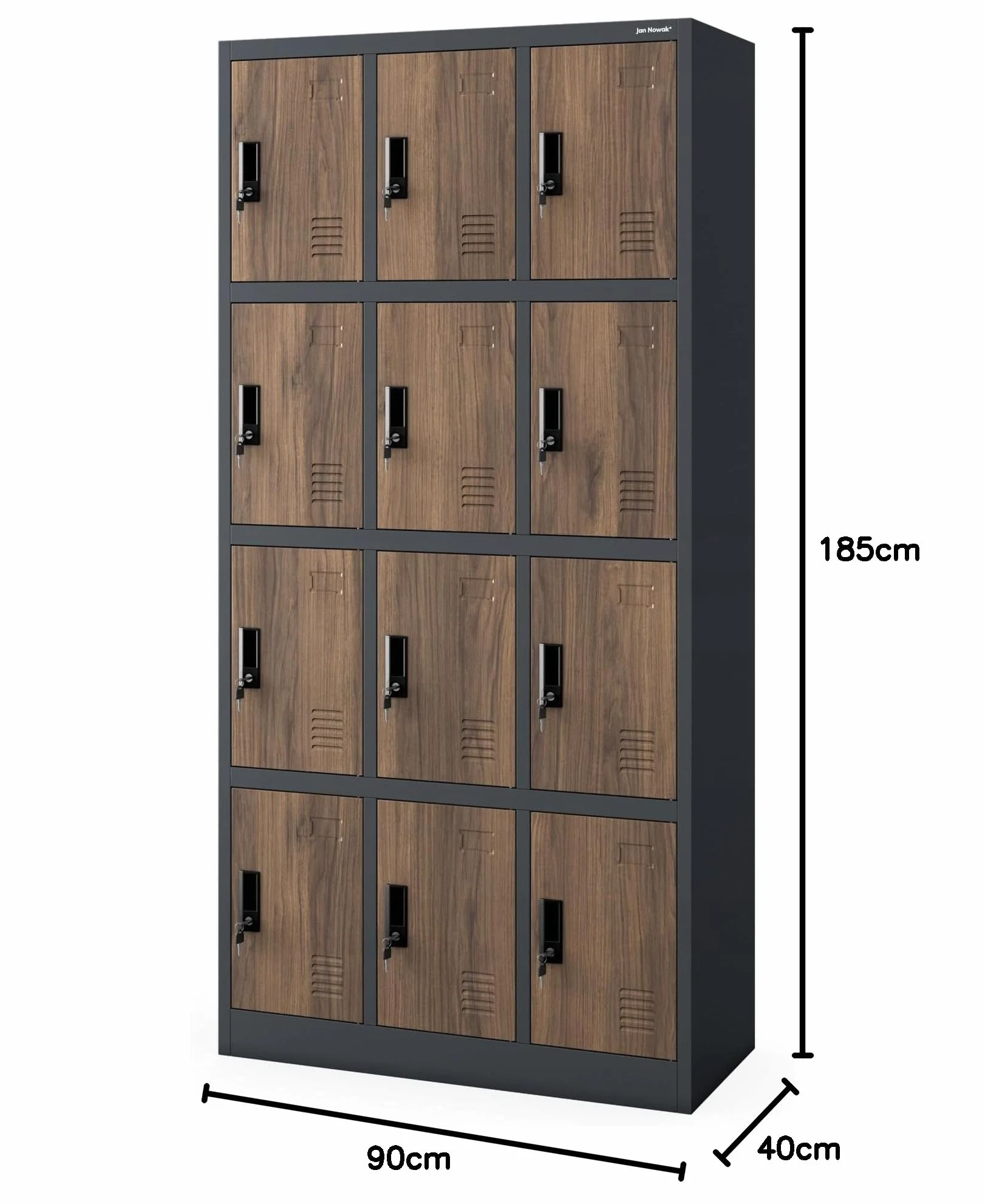 Jan Nowak Armario para Vestuario 3B4A Taquilla Metálico con 12 Compartimentos Ranuras de ventilación Recubrimiento de Polvo 185 cm x 90 cm x 40 cm Antracita-Madera