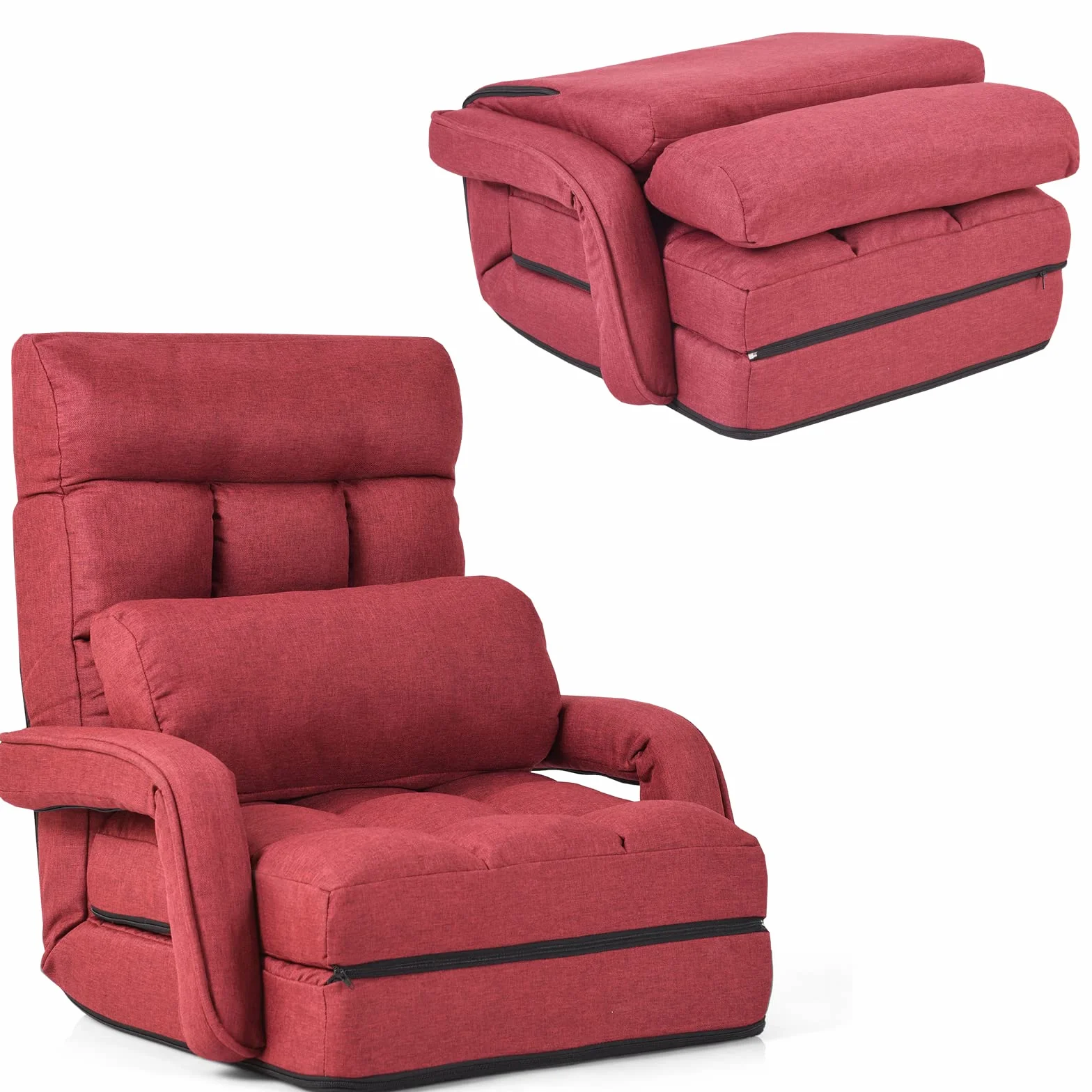 LIFEZEAL Sillón Individual Convertible, sofá Cama Plegable con Respaldo Ajustable en 5 Posiciones, Silla Suelo de 1 Plaza con cojín y reposabrazos, para salón, Dormitorio (Rojo)
