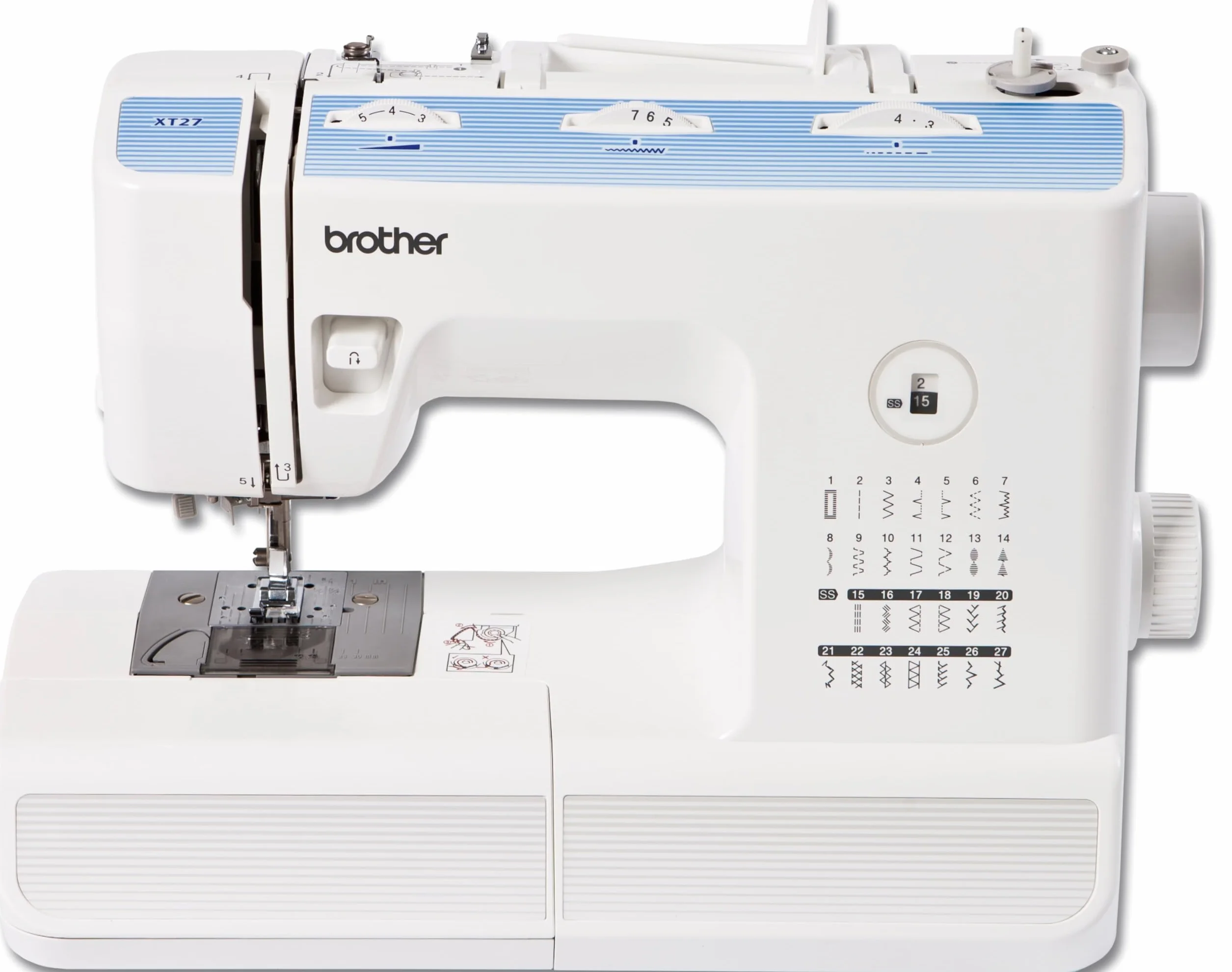 Brother XT27VP2 - Máquina de coser mecánica (25,80 x 37,50 x 48 cm), color blanco y azul