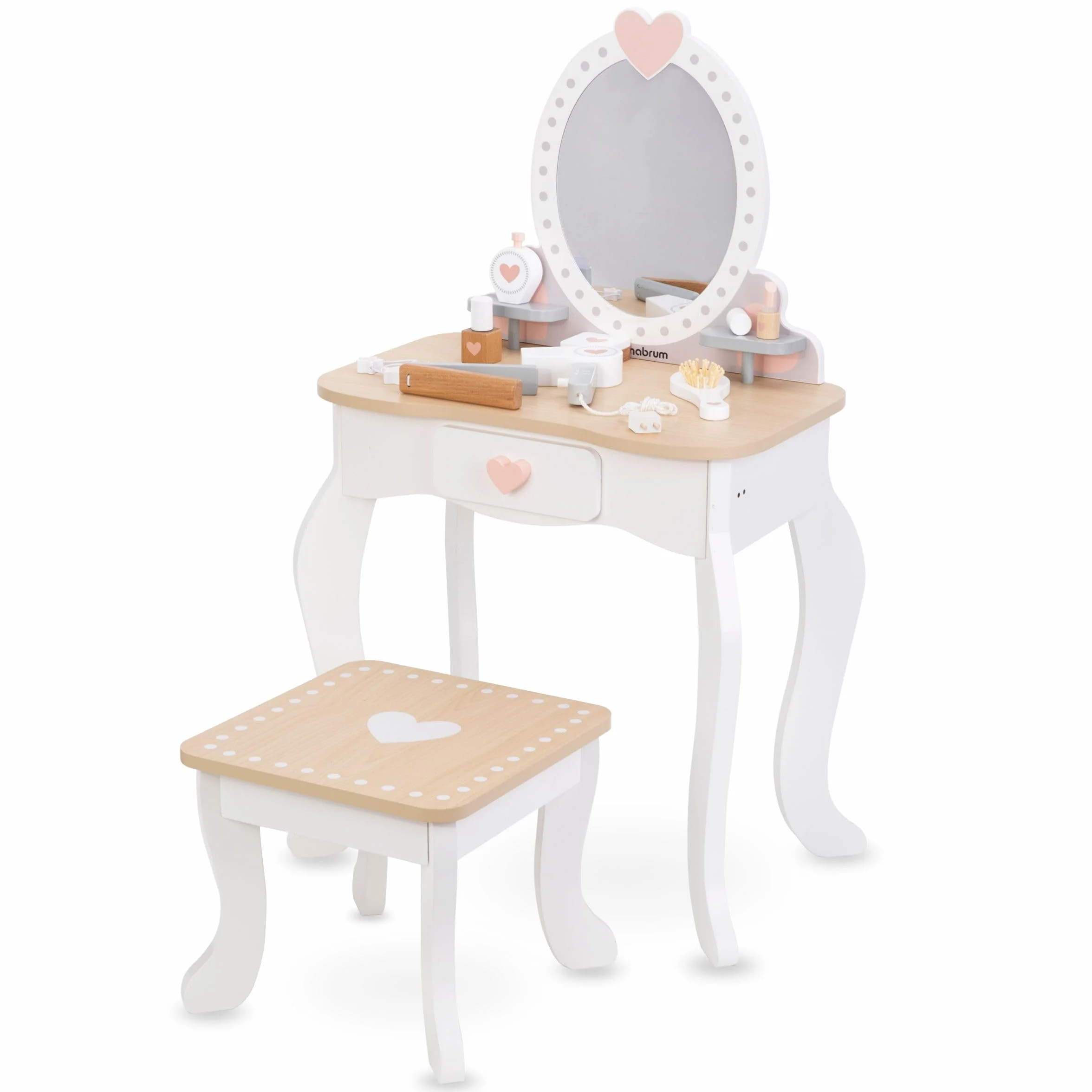 Mamabrum Maquillaje de Madera Dresser para Niñas - Vanidad con Perfume, Esmalte de Uñas, Cepillo y Lazos
