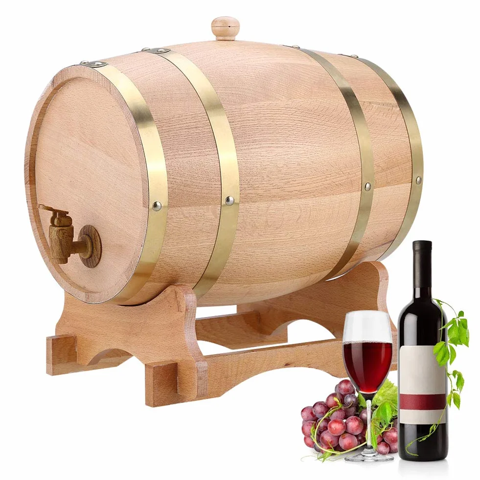 Barril de vino de roble, 10 L, práctico, duradero, de madera de roble, con soporte de madera para whisky Bourbon Tequila vino vinagre cerveza
