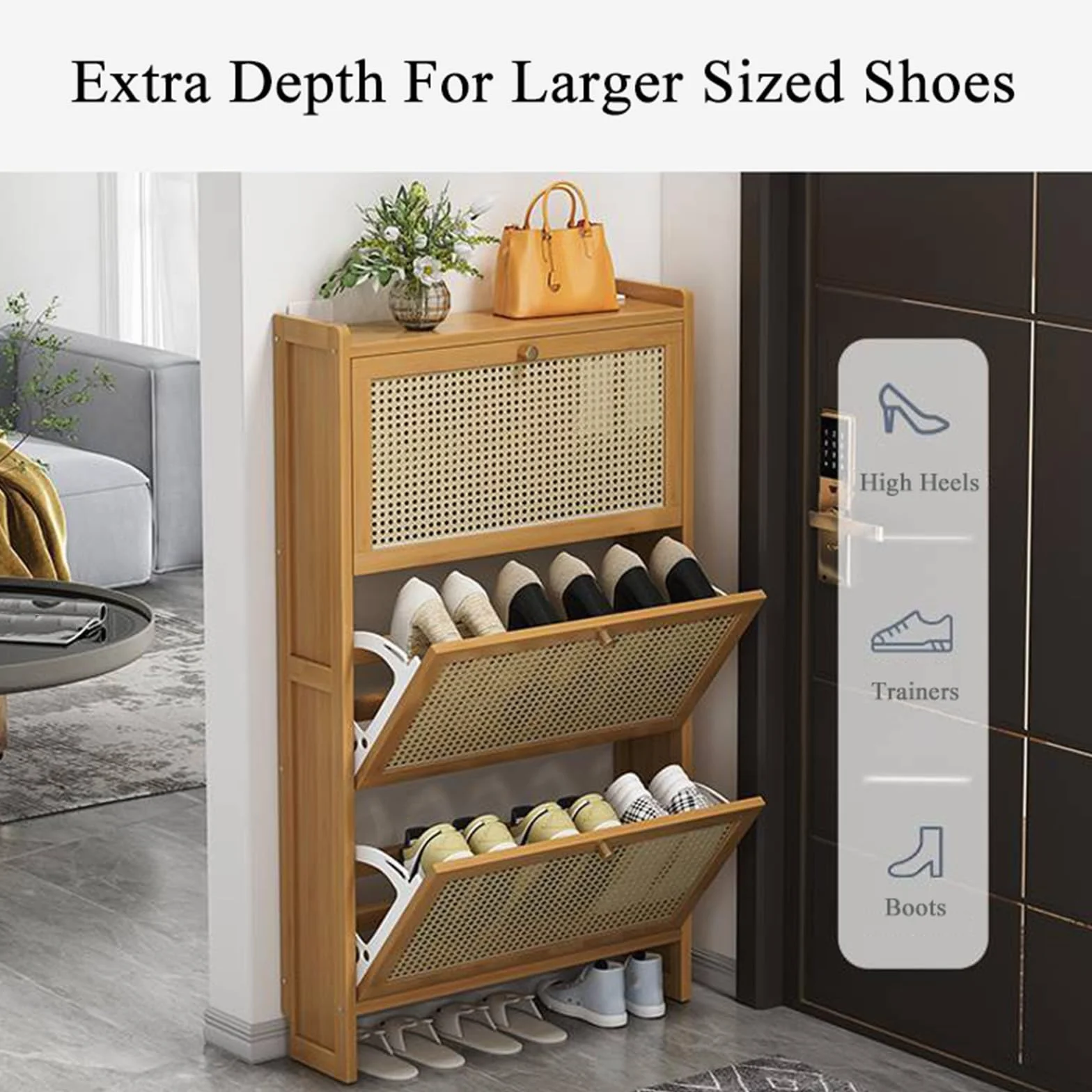 Zapatero estrecho de bambú delgado de 6.7 pulgadas para entrada, almacenamiento que ahorra espacio con puertas abatibles para tenis y pantuflas (marrón, 68 x 17 x 87 cm), elegante y funcional