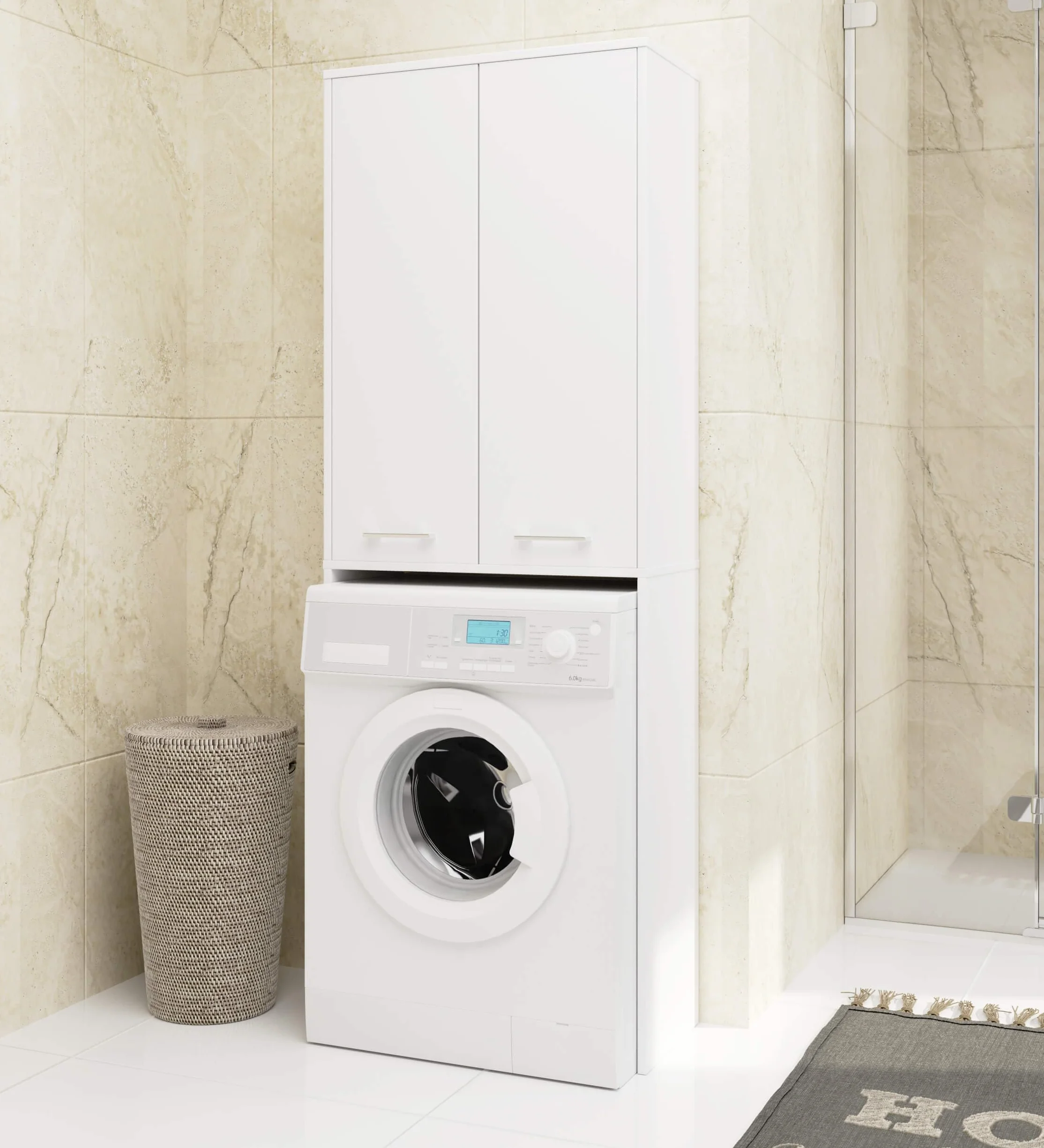 AKORD | Columna de Pared para empotrar Lavadora | Mueble Alto con 2 Puertas | Mueble contenedor de baño | CajoNero para Lavadora | 64x180x30 cm | Peso 30 kg | Blanco