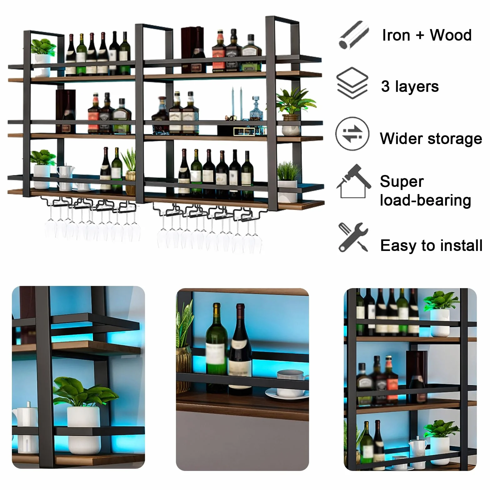Botellero de Pared con Luz LED, 3 Niveles Estante Flotante Metal y Madera con Soporte Copas, Gran Capacidad Estante Exposición Vino, para Hogar, Restaurante Decoración Bar (Negro, 100cm)