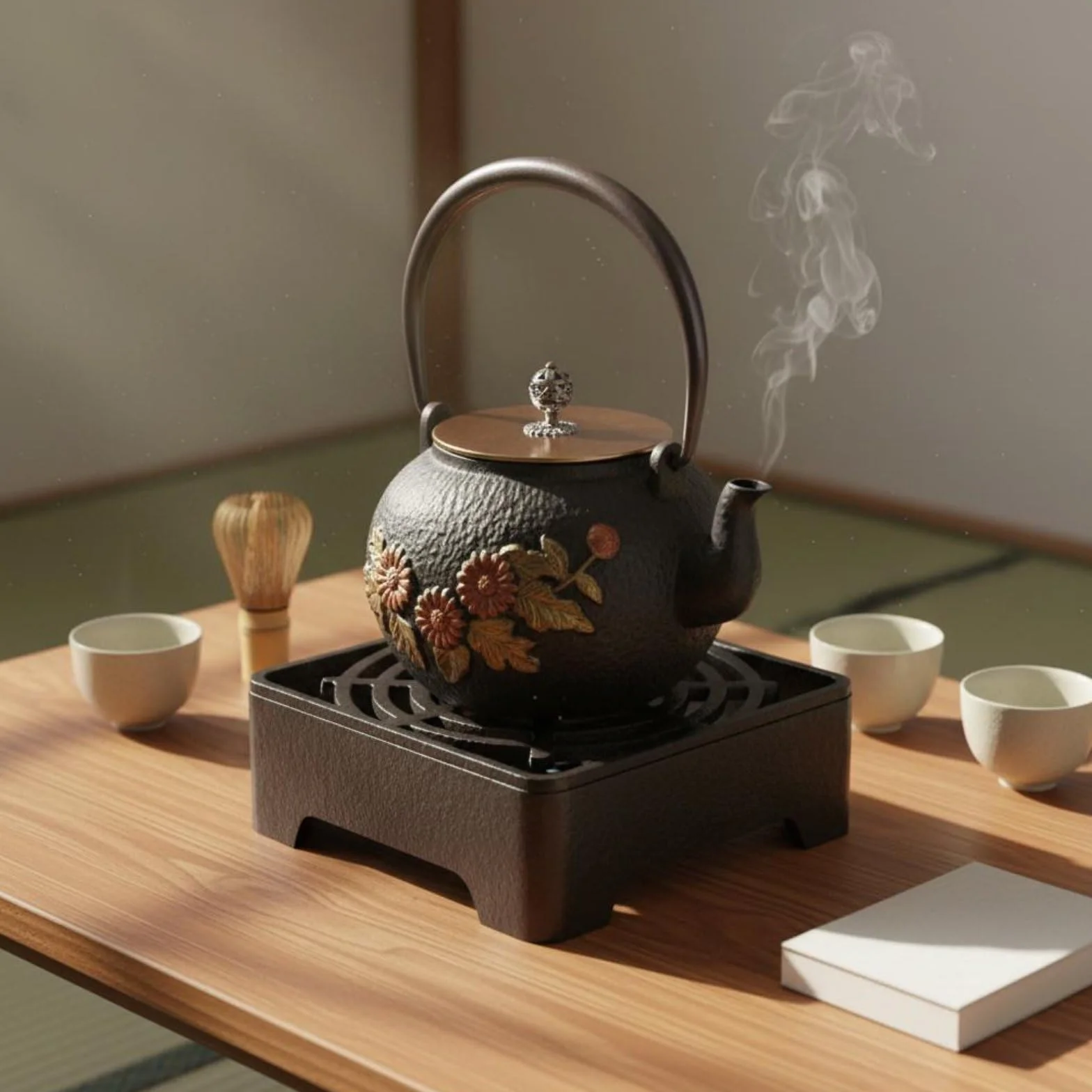 Tetera de Hierro Fundido Japonesa Tetera Hervidor Caldera para Agua Compatible con Inducción y Gas Interior sin Esmalte Que Interactúa con el Agua, 1.2L Fénix Dorado