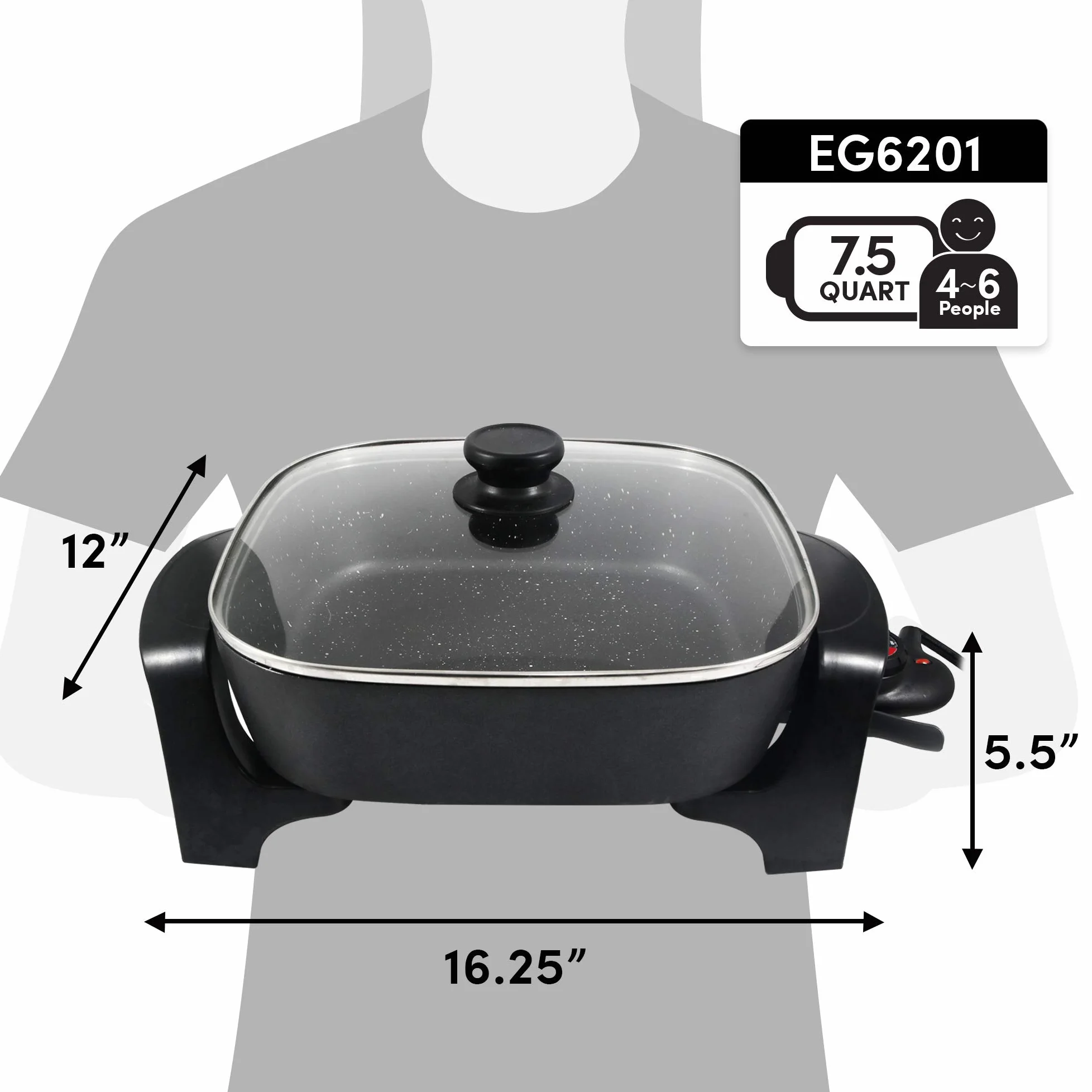 Elite Gourmet EG6201# Sartén eléctrica antiadherente extraprofunda 30,5 x 30,5 x 8 cm (7 l) Resistente a los arañazos, apta para lavavajillas, tapa ventilada de cristal, temperatura ajustable, negro