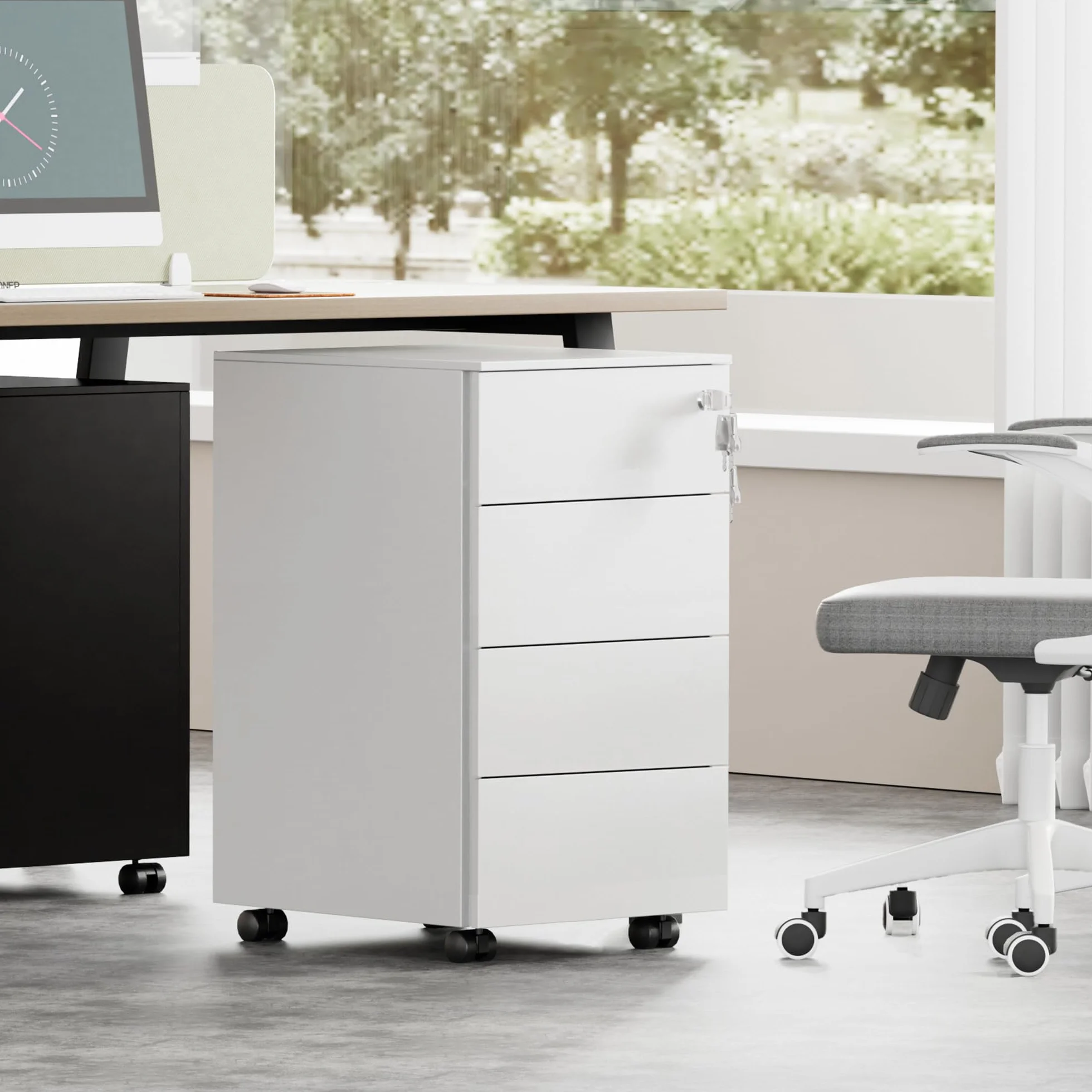 Cajonera móvil, Archivador Metálico con Cerradura, 4 Llaves, 4 Cajones, Premontado, para Oficina, Oficina en Casa, Blanco