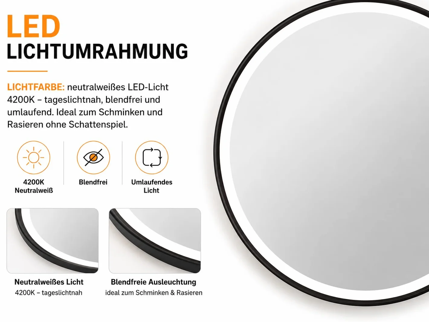 Talos Espejo de baño con iluminación de 60 cm, LED Blanco Neutro, Marco ABS Negro, protección contra Salpicaduras IP24