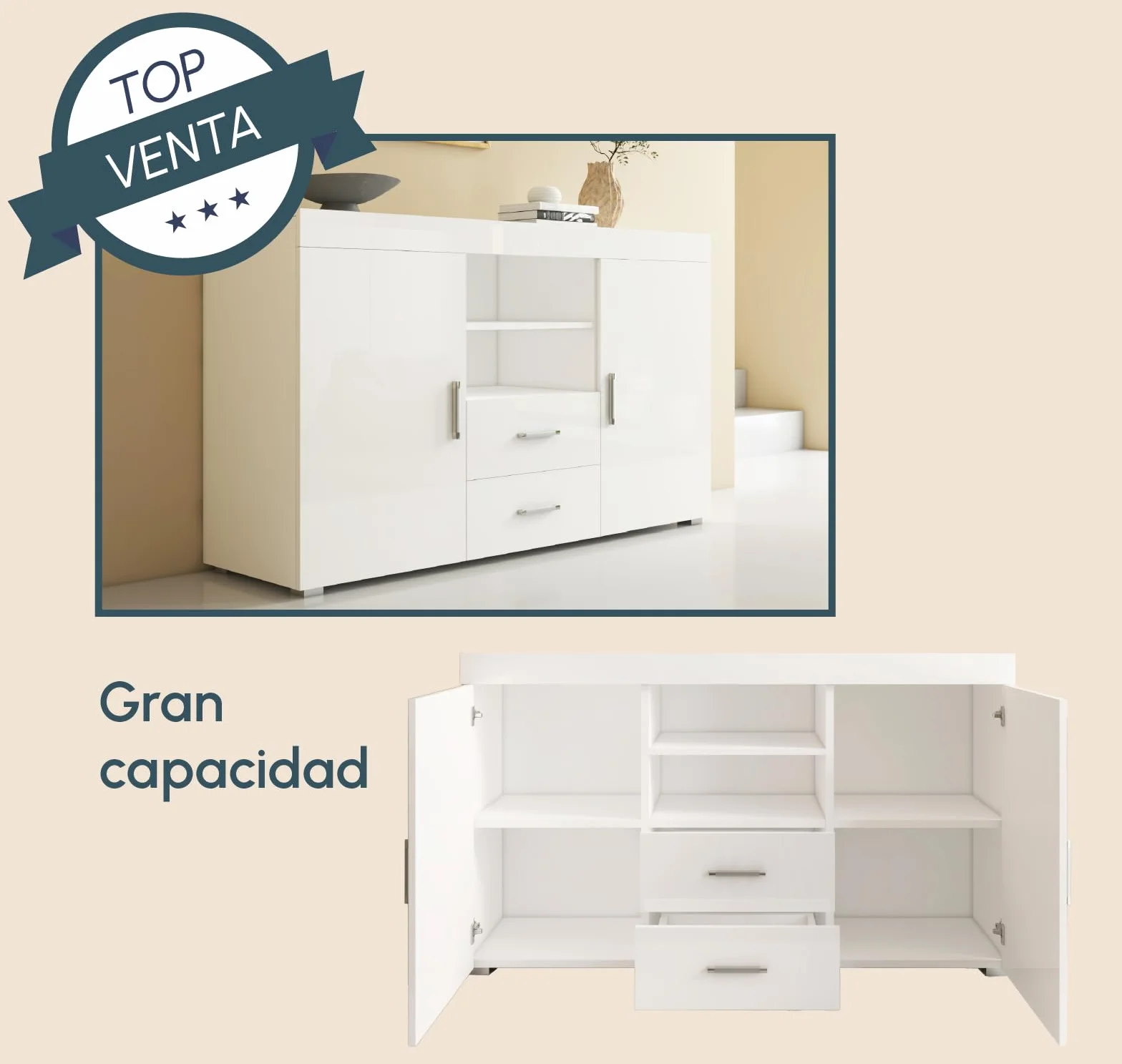 MB Muebles Bonitos Aparador Roque Mueble Auxiliar Moderno 140x82x40 cm Melamina Brillo Blanco