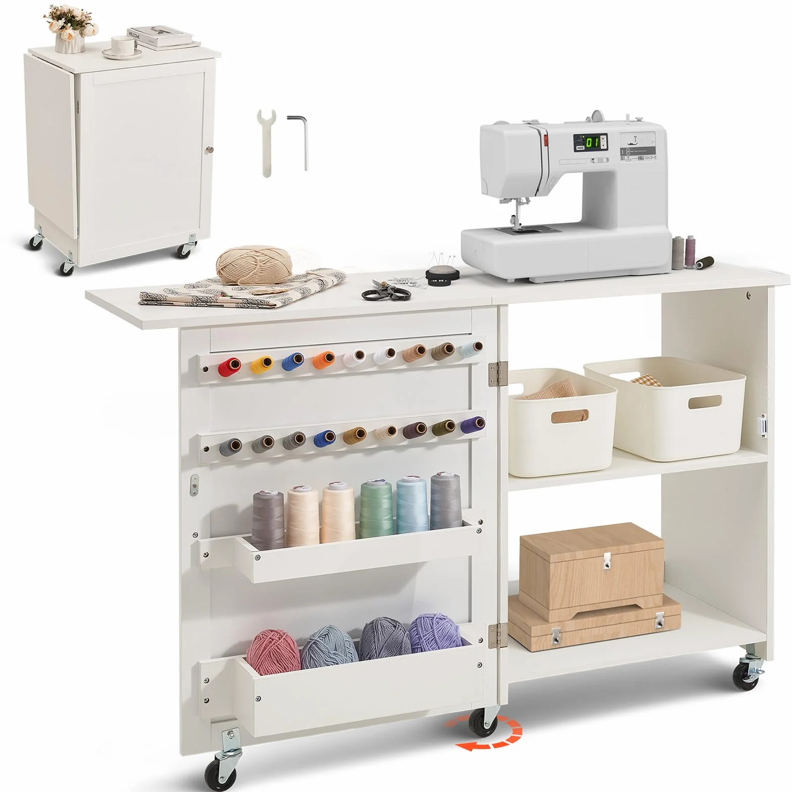 VEVOR Mesa de Costura Plegable, Mesa Multiusos para Máquina de Coser con Diseño Compacto, Ruedas Bloqueables, Estantes, Bandejas de Almacenamiento, Clavijas de Madera y Puertas Magnéticas, Blanco