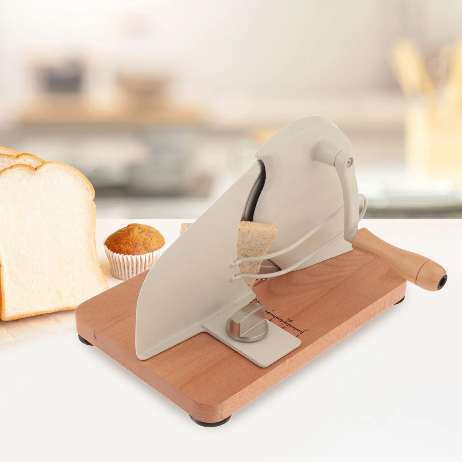de Pan Manual Regulable en Grosor Equipado con Ventosas Antideslizantes Estructura de Acero Inoxidable Y Base de Madera Función de P, Blanco, Individual