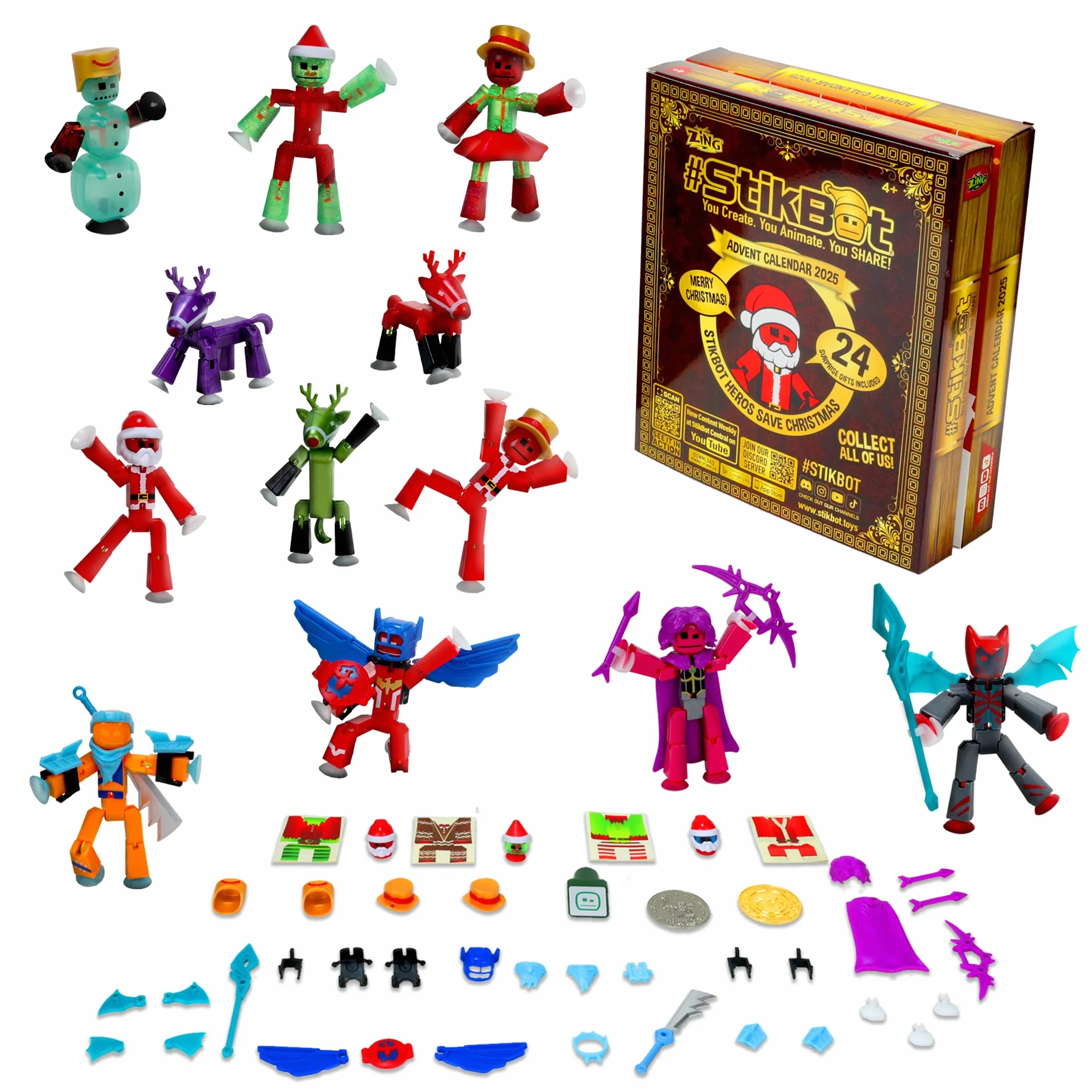 Zing Stikbot - Calendario de Adviento con cuenta regresiva de Navidad, figuras de acción coleccionables. "Hero Save Christmas" incluye Stikbots exclusivos y artículos exclusivos de coleccionista. Crea
