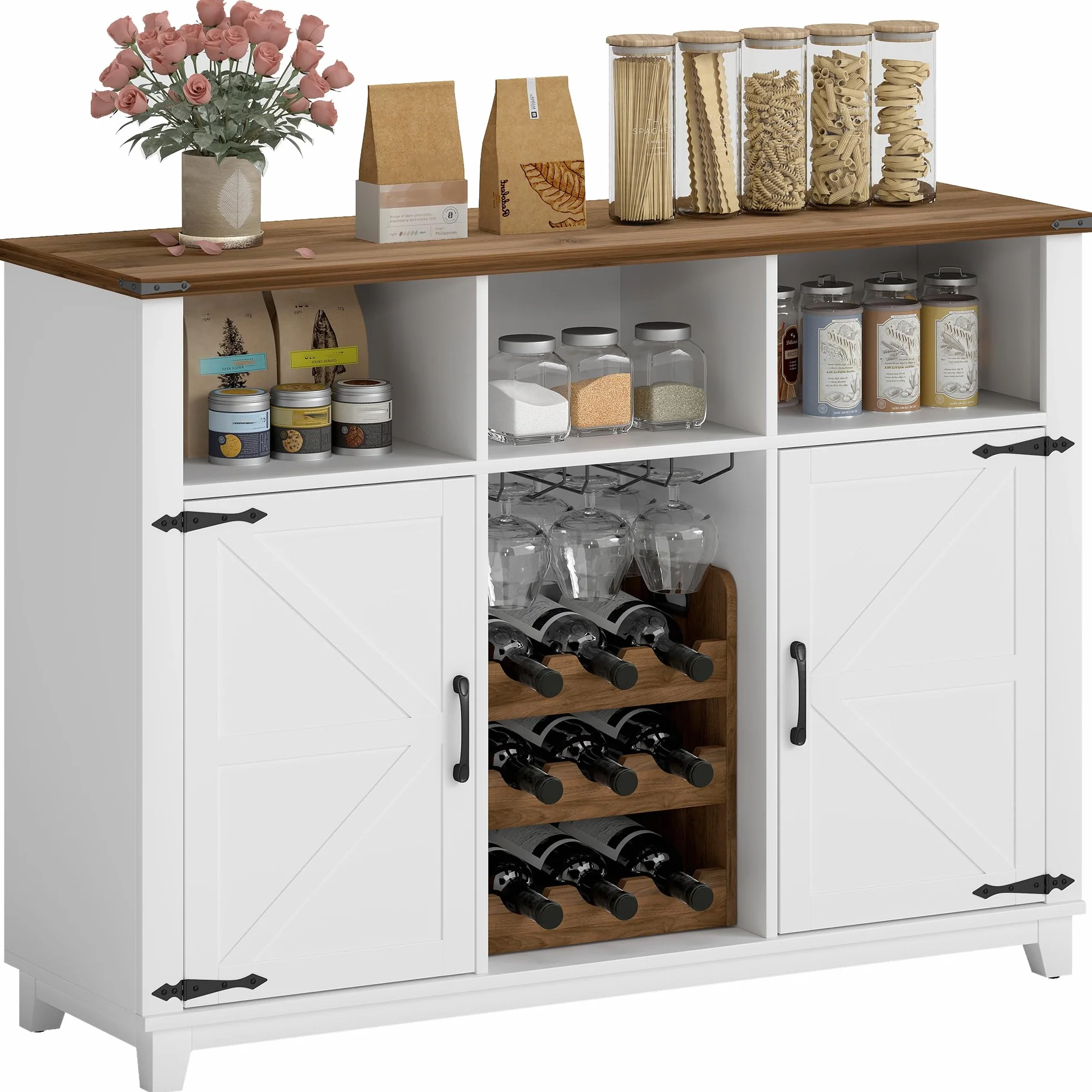 HOMCOM Aparador de Cocina con Botellero, 2 Puertas de Granero, Estantes Ajustables, Soporte para Copas para 9 Botellas, 120x37x88 cm Blanco