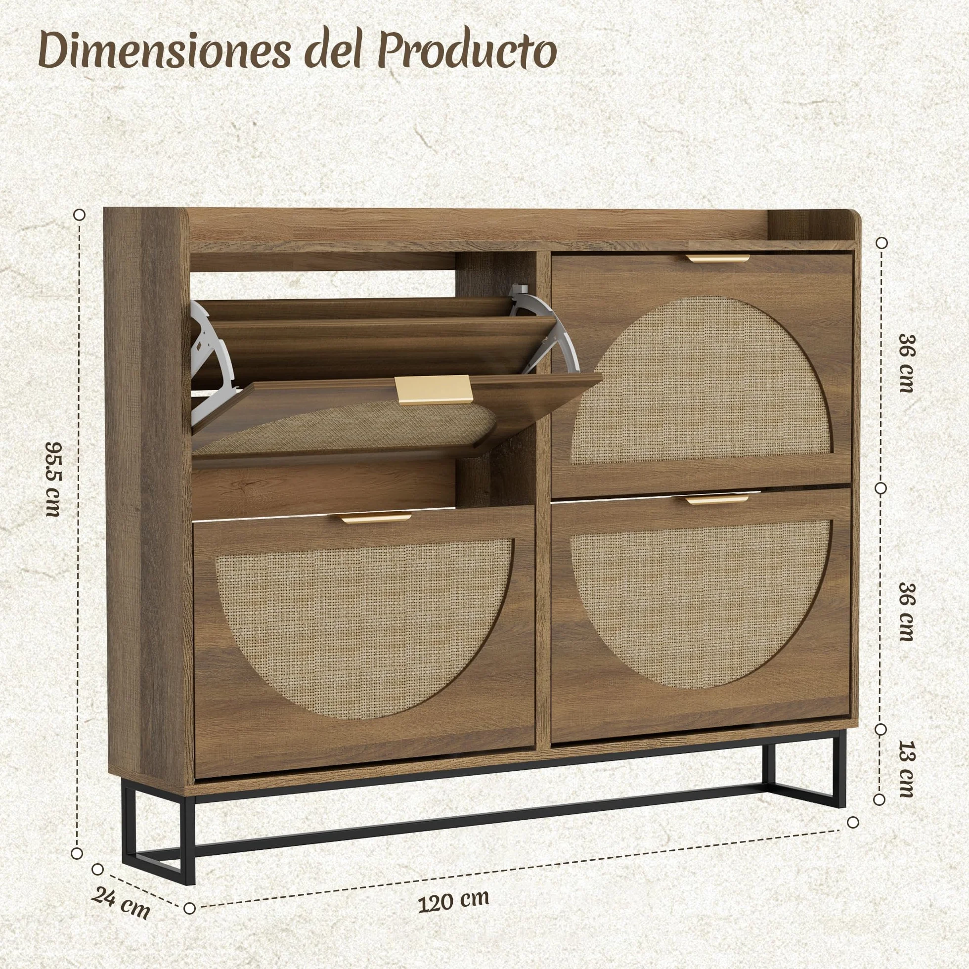 BonVache Zapatero Estrecho con 4 Solapas, Ajustable, de Madera con Almacenamiento para Zapatos, Ideal para Entrada, Salón, Pasillo, 120 x 24 x 95,5 cm, Ratán